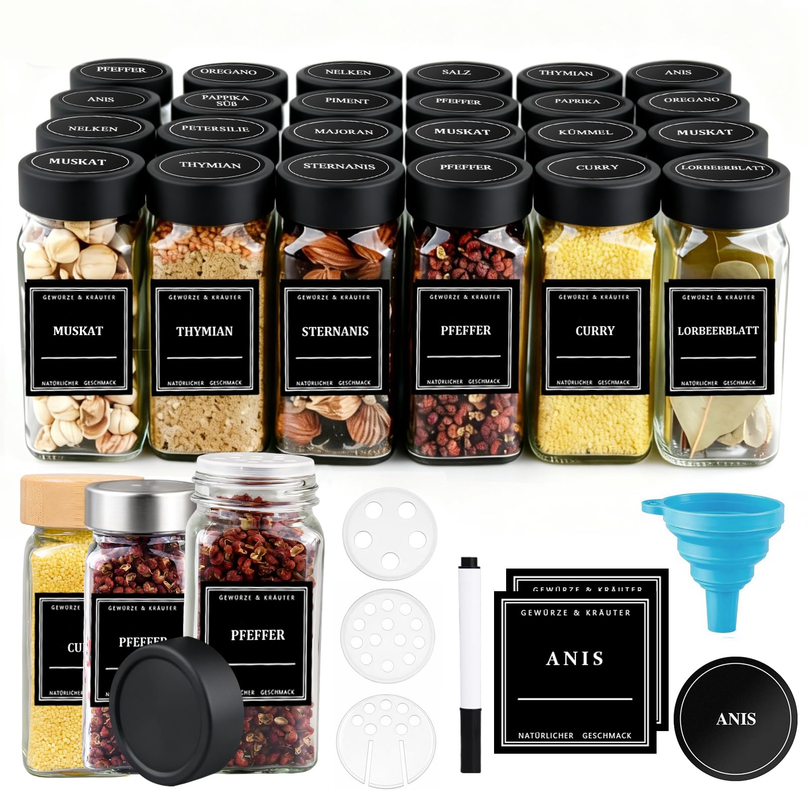 Lot de 24 pots à épices rectangulaires et étanches à l'air avec couvercles en métal noir mat, étiquettes et inserts à saupoudrer, 120 ml, avec entonnoir et brosse de nettoyage