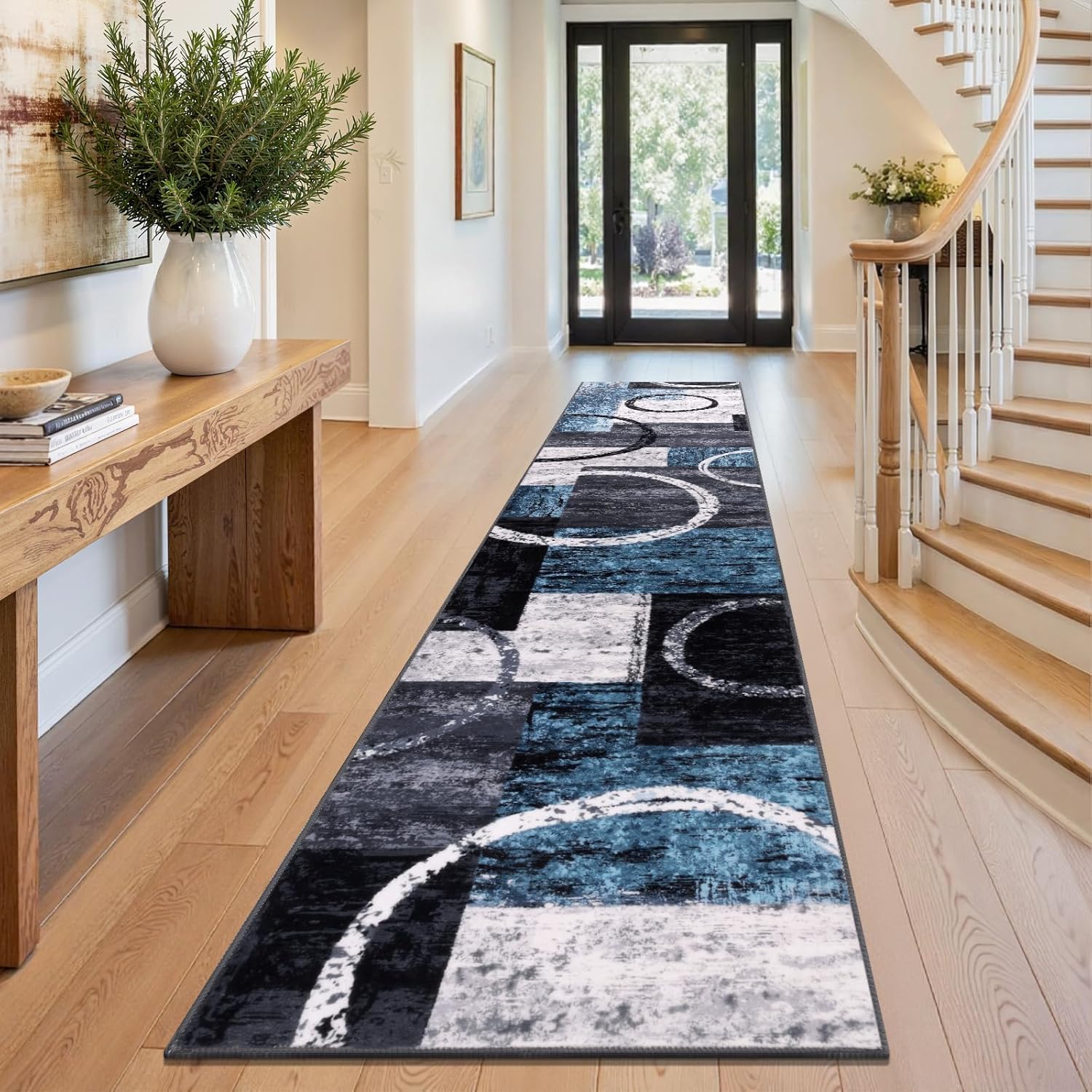 Yamaziot Modern Abstract Runner Rug, Ultra Soft 2x10 Washable Rug with Non-Slip Backing, Low Pile Patchwork Throw Carpet for Hallway, Entryway, Kitchen, Bedroom (Beige, Geometric Circle)