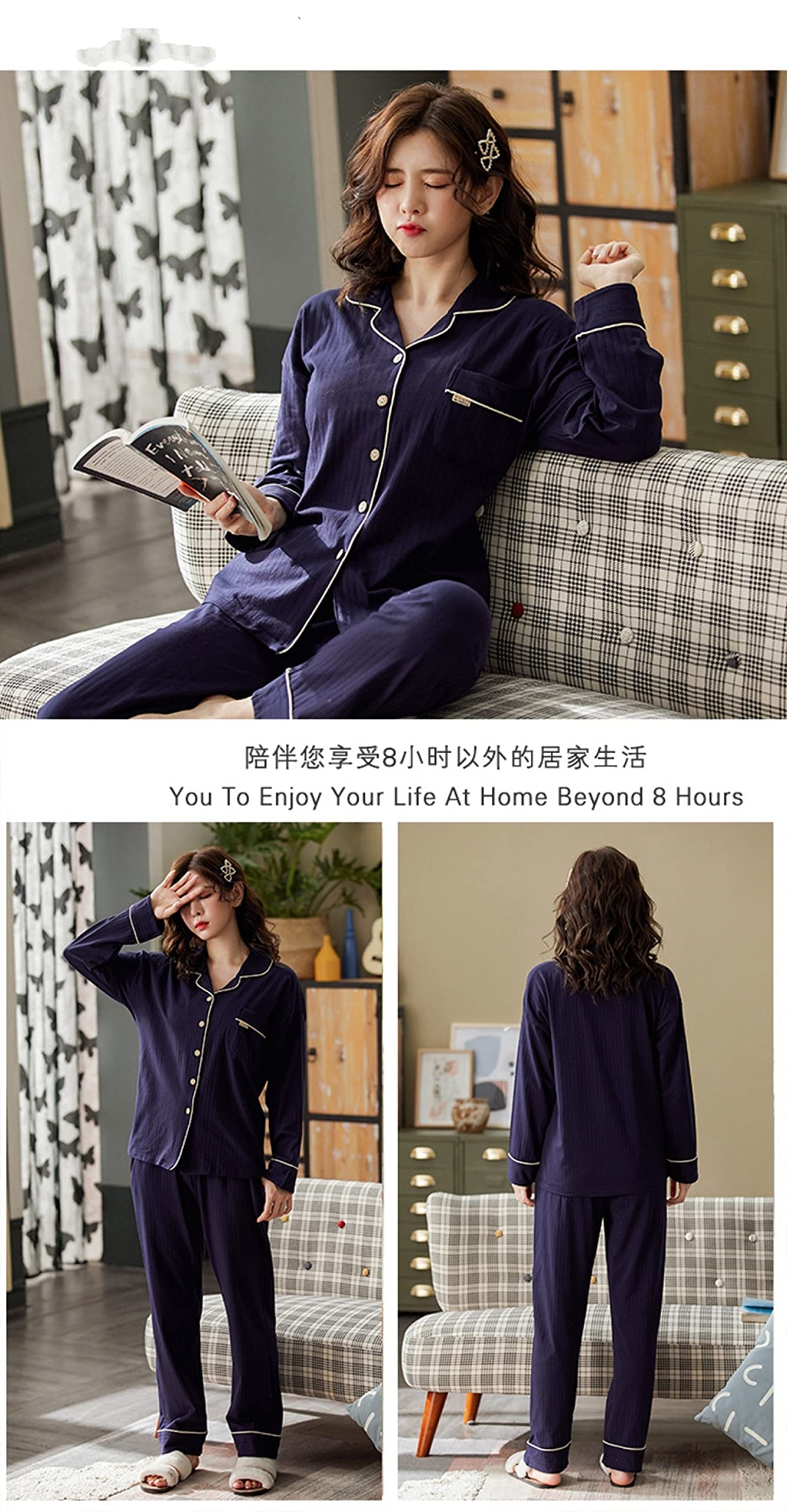 Pijamas de Franela de Invierno y otoño para Mujer y Hombre, Conjuntos de Pijama de 2 Piezas a la Moda, de otoño y algodón Puro, de Manga Larga con Solapa, Sencillos, de algodón azu