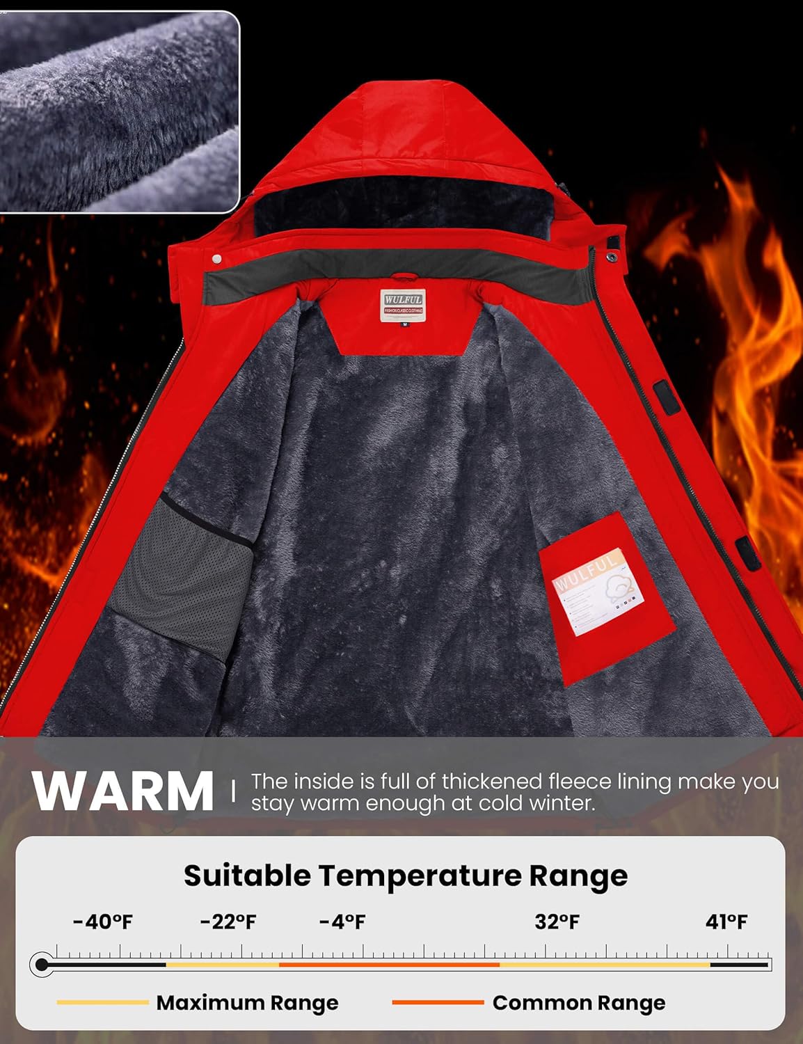 WULFUL Men's Waterproof Ski Jacket Warm Winter Coats Windproof Winter Jackets for Men Fleece Lined Windbreaker with Hood - Image 5