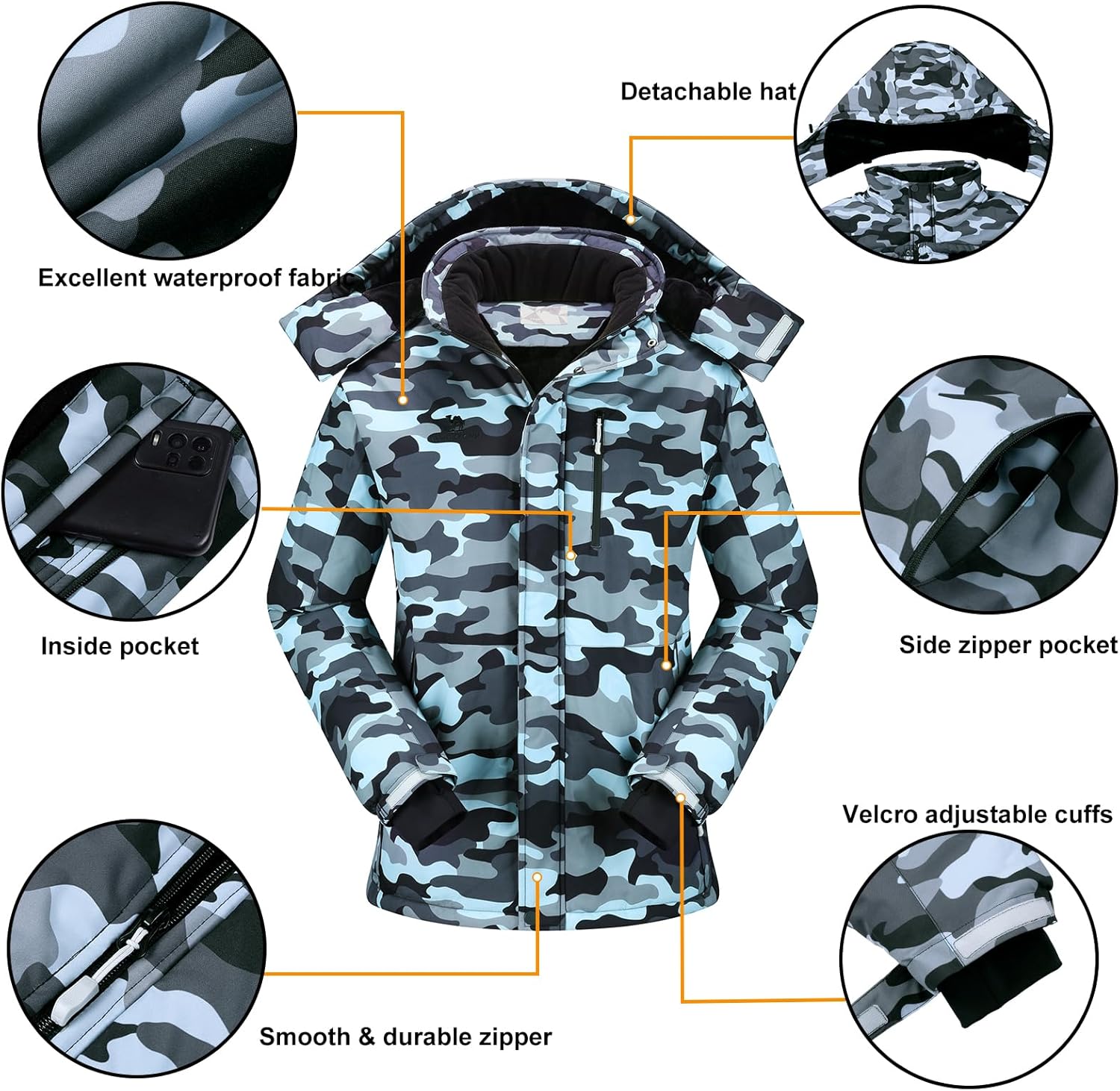 CAMEL CROWN Men's Mountain Snow Waterproof Ski Jacket Detachable Hood Windproof Fleece Parka Rain Jacket Winter Coat - Image 4