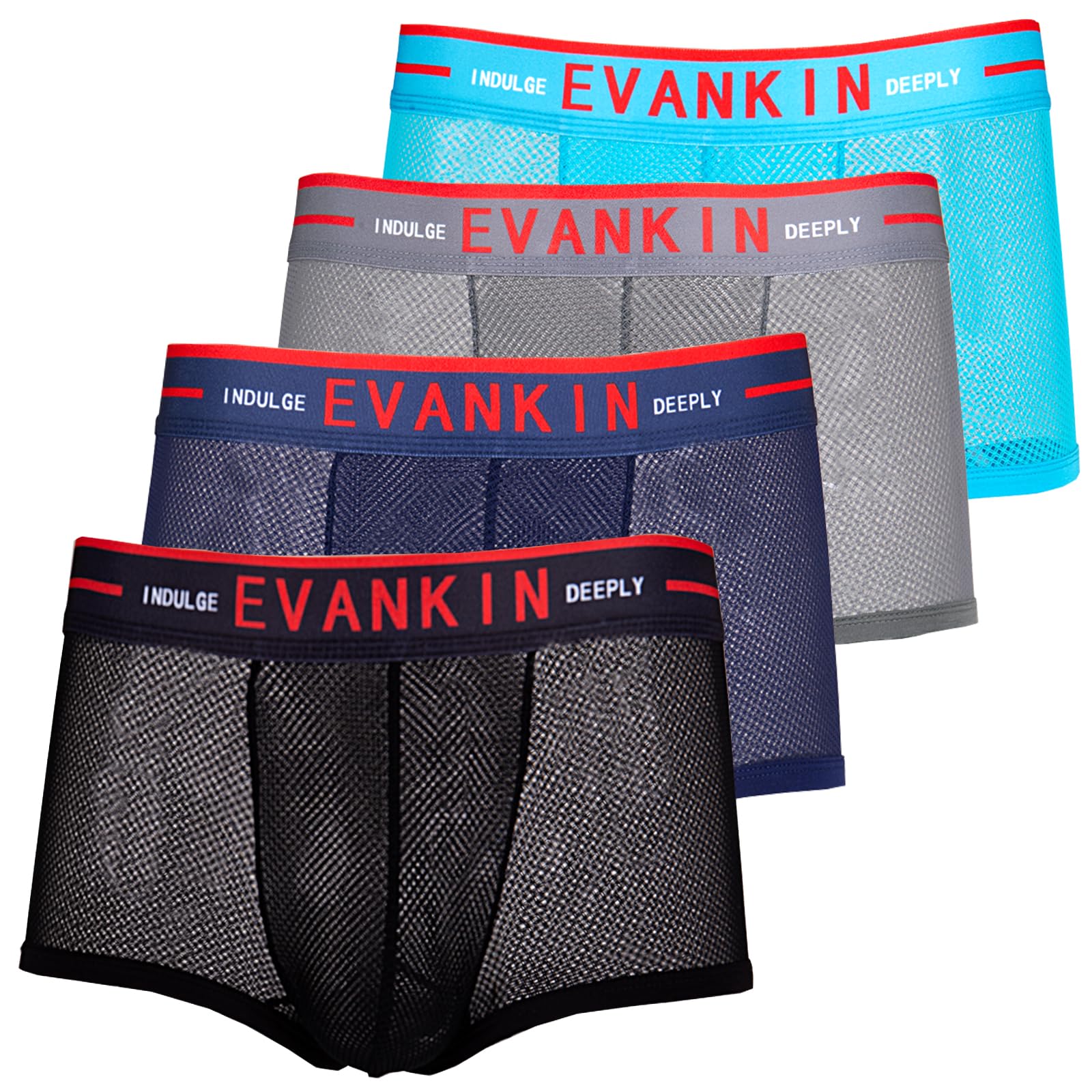 Evankin Men's Mesh Underwear Sexy Boxer Briefs Breathable Trunks Lingerie Wide Waistband, Black/Grey/Navy/Skyblue, S