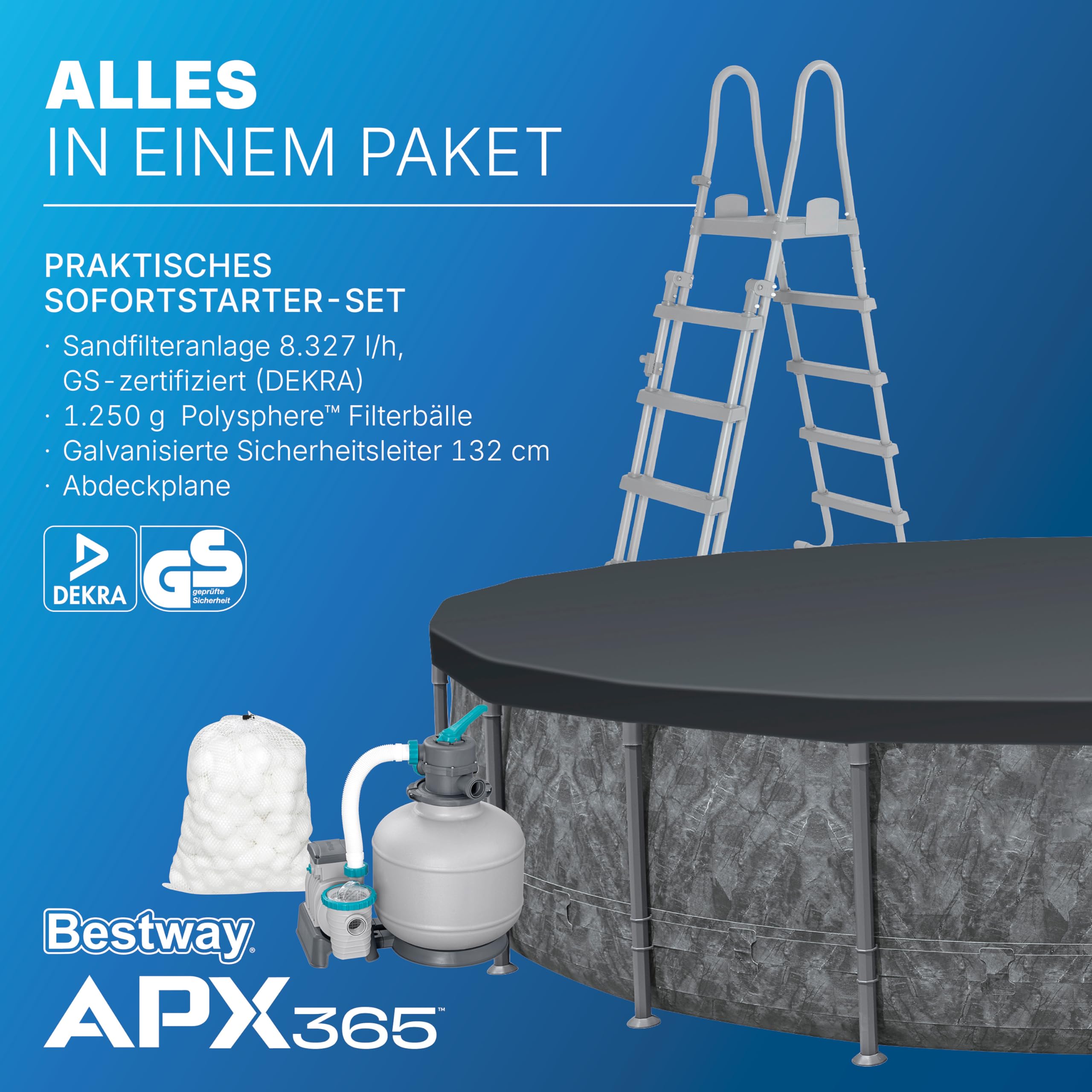 Bestway APX365 Winterfestes Frame Pool Set, Ø 671 x 132 cm, 40.377 Liter, Sandfilteranlage, Korrosionsbeständiger Stahlrahmen, ClickConnect System, Sicherheitsleiter, Abdeckplane, Filterbälle