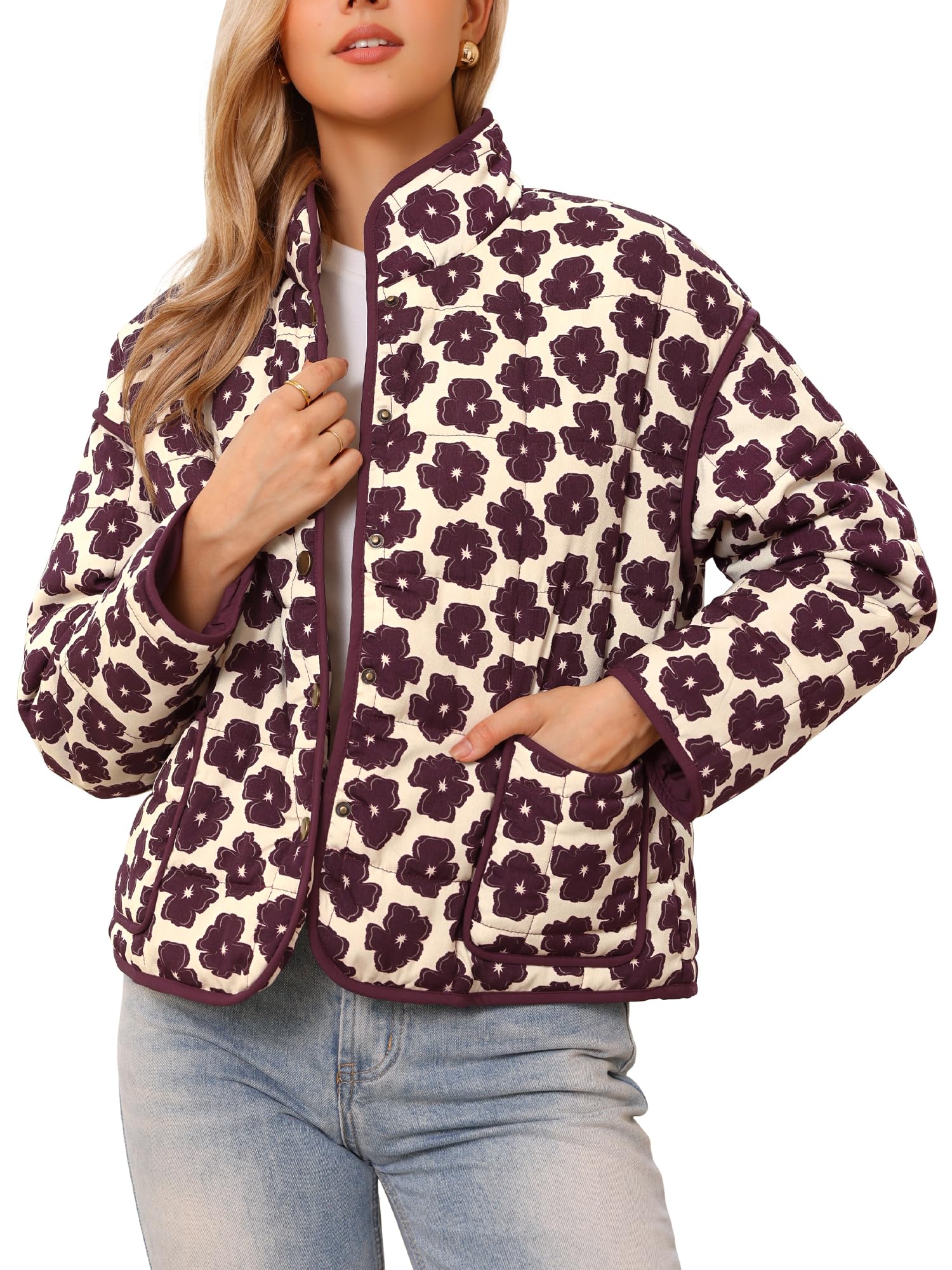 Allegra K Mujer Chaqueta Corta Acolchada Invierno Estampado Floral Botones