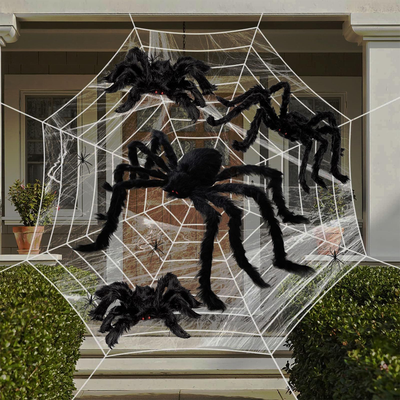 Produktbild von Halloween Deko Set – 1,5 M Riesige Spinne + 7 M Spinnennetz + 20 Kleine Spinnen + 40 G Dehnbares Netz, Für Drinnen & Draußen, Party