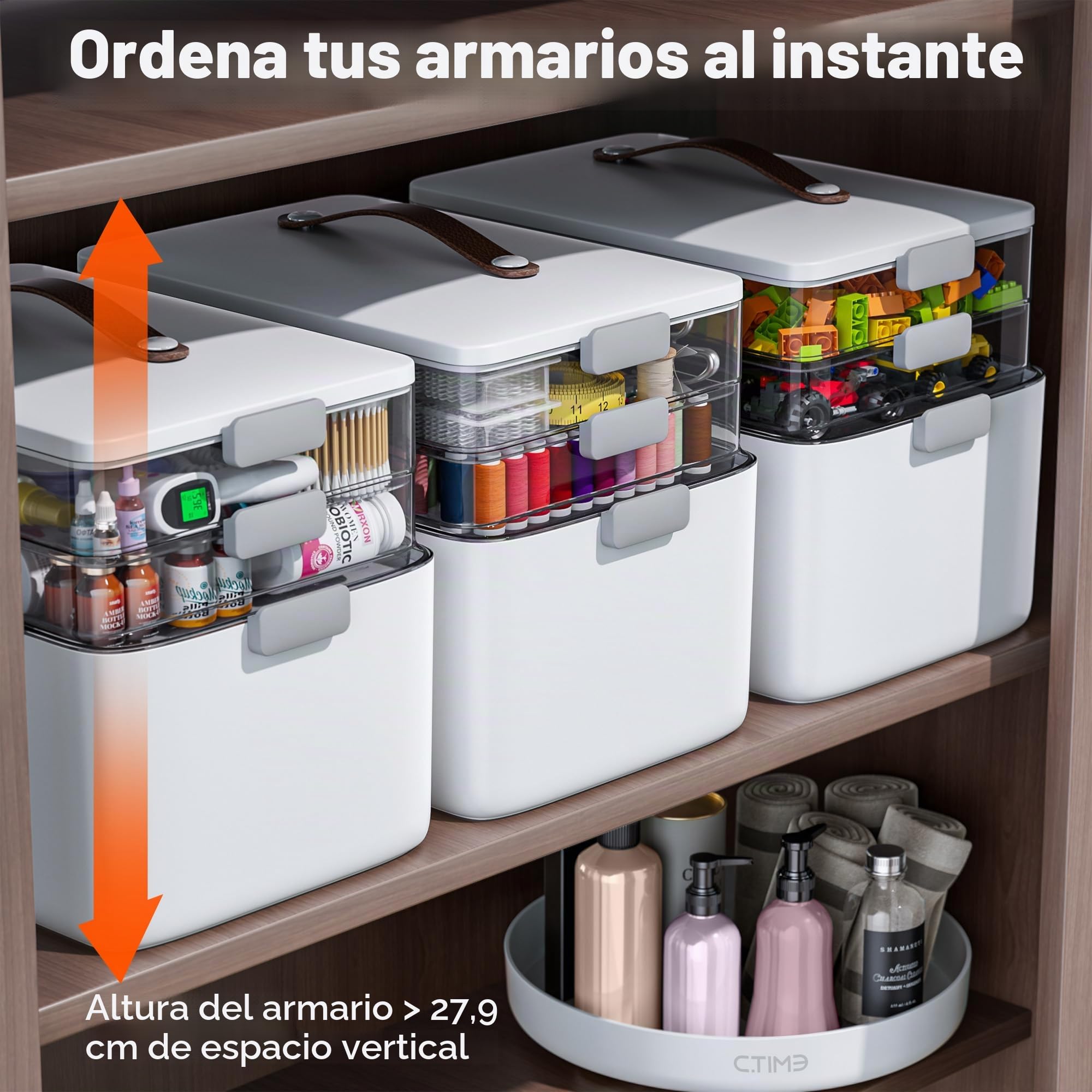 CTIME Caja de medicamentos de 3 niveles: portátil con asa de piel, ideal para el hogar y los viajes