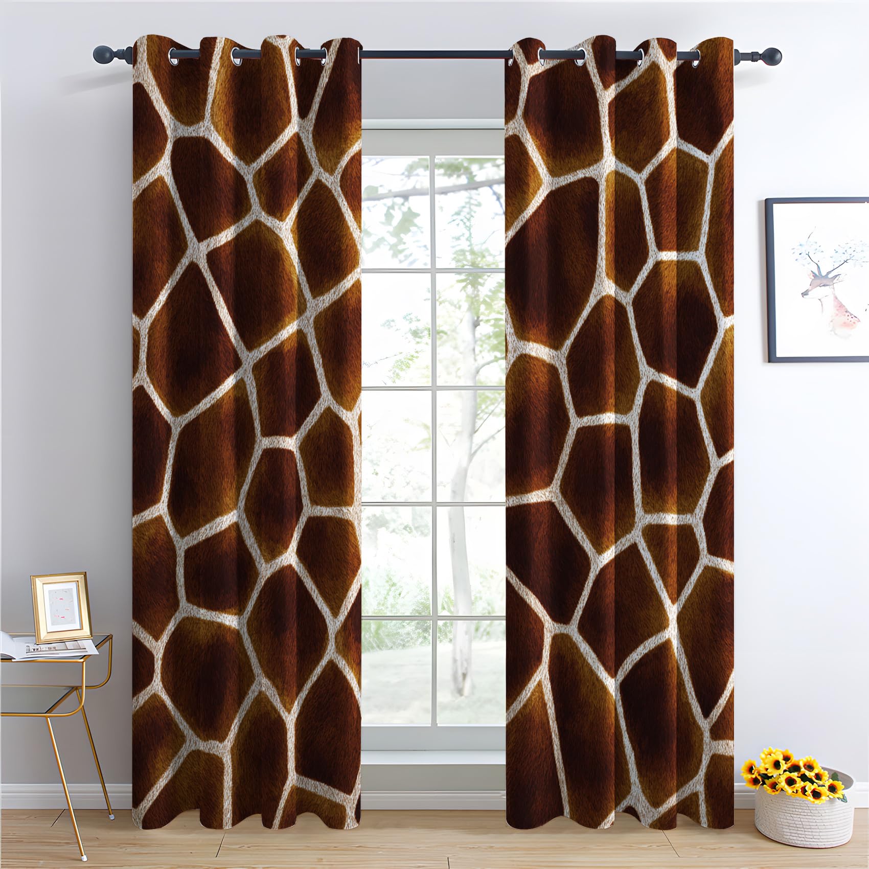Venivici Giraffe Print Blackout Curtains for Bedroom Living Room - 108 Inch Drop Curtains Eyelet, African Giraffe Skin Safari Patterned Window Treatments, Thermal Insulated Drapes 90x108 2 Panels