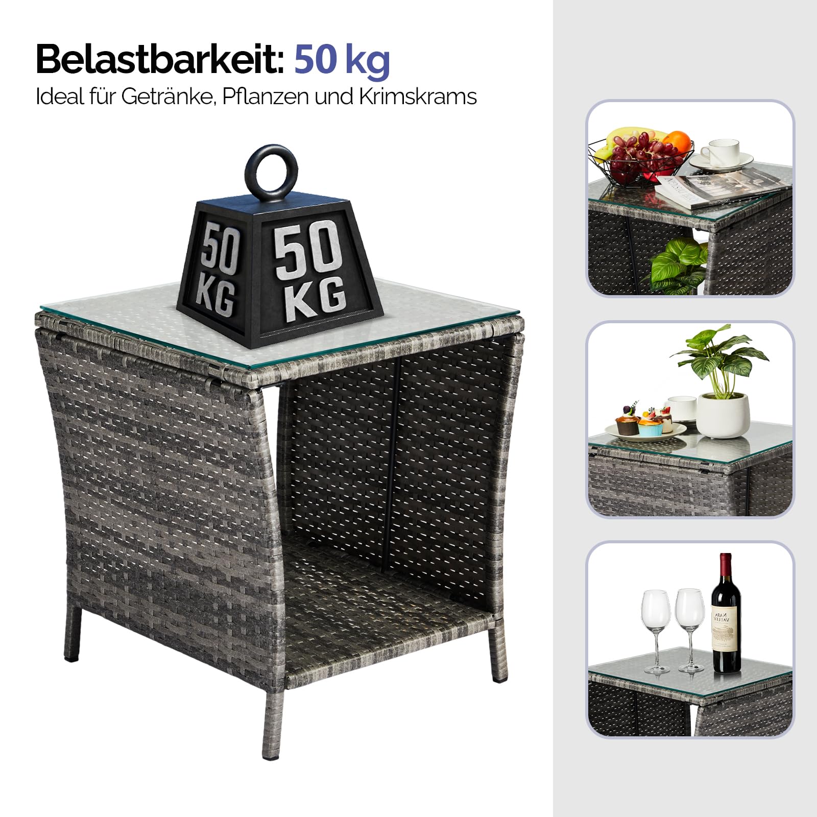 Bonnlo Rattan Beistelltisch mit Glasplatte, Balkonmöbel Grau, Gartenmöbel klein, Balkontisch Outdoor wetterfest, 46x46x50 cm