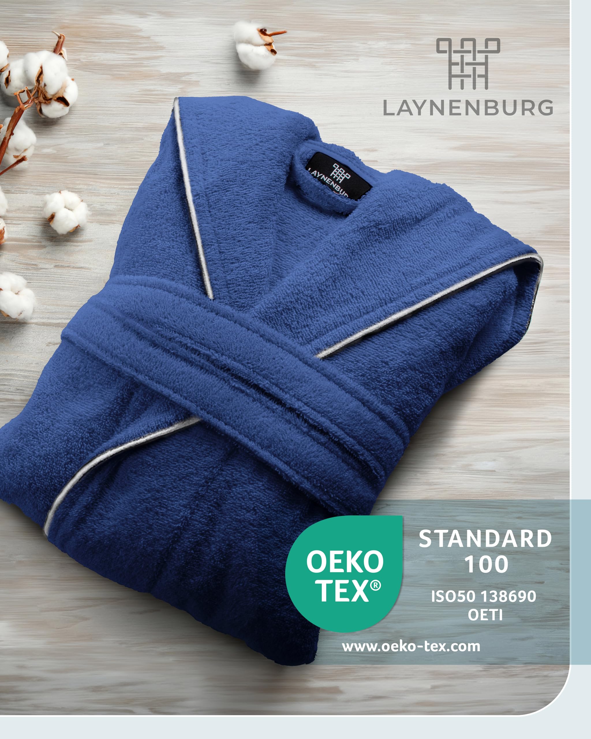 LAYNENBURG Peignoir Homme en éponge - Capuche - long - 100% coton (360g/m2) - OEKO TEX Standard 100 - Taille M, L, XL, XXL, 3XL