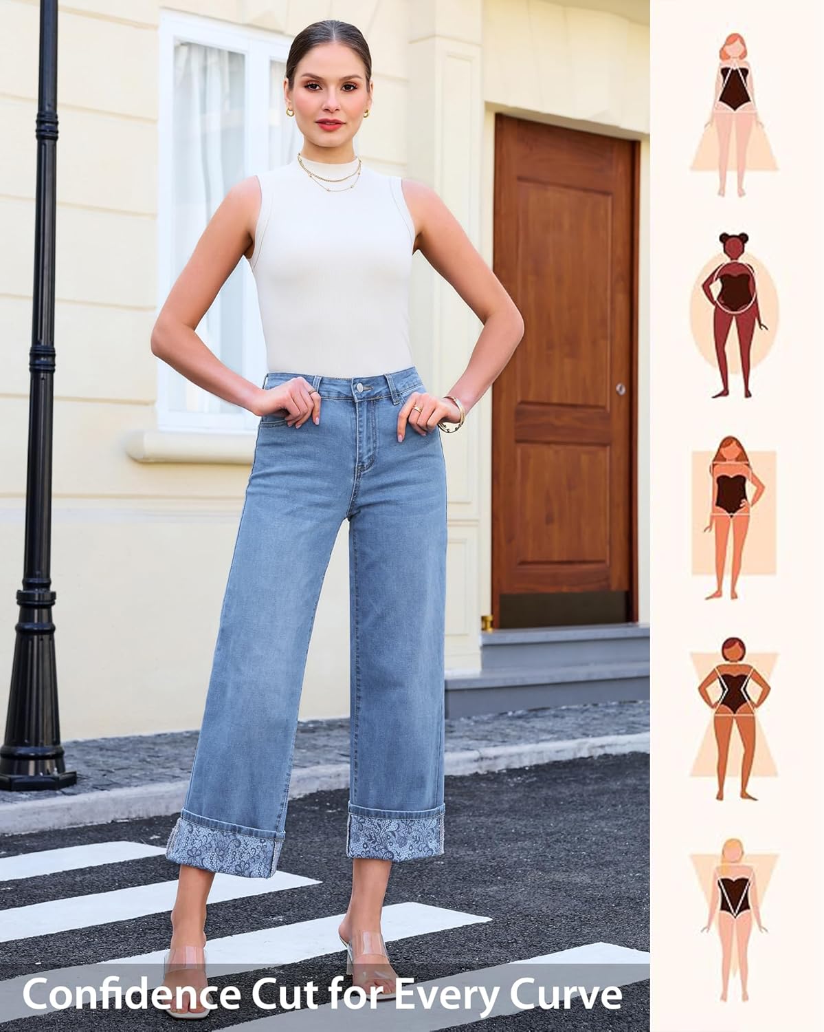 GRAPENT Wide Leg Jeans for Women Trendy Cropped High Waisted Printed Fold Hem Loose Straight Leg Stretchy Denim Pants - Image 5