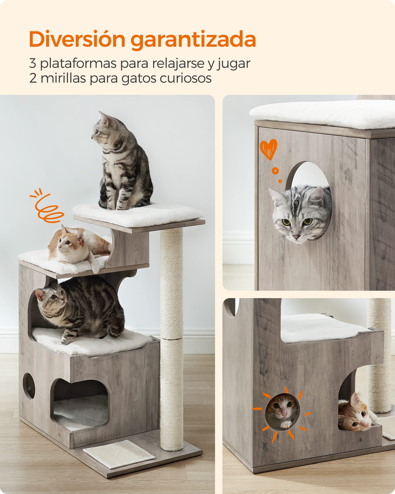 Feandrea Árbol de Gatos, Tablero de aglomerado de 86 cm de Altura, con Poste de Sisal, Plataforma, Cubierta de Piel Sintética Lavable, Greige Melange PCT070G01