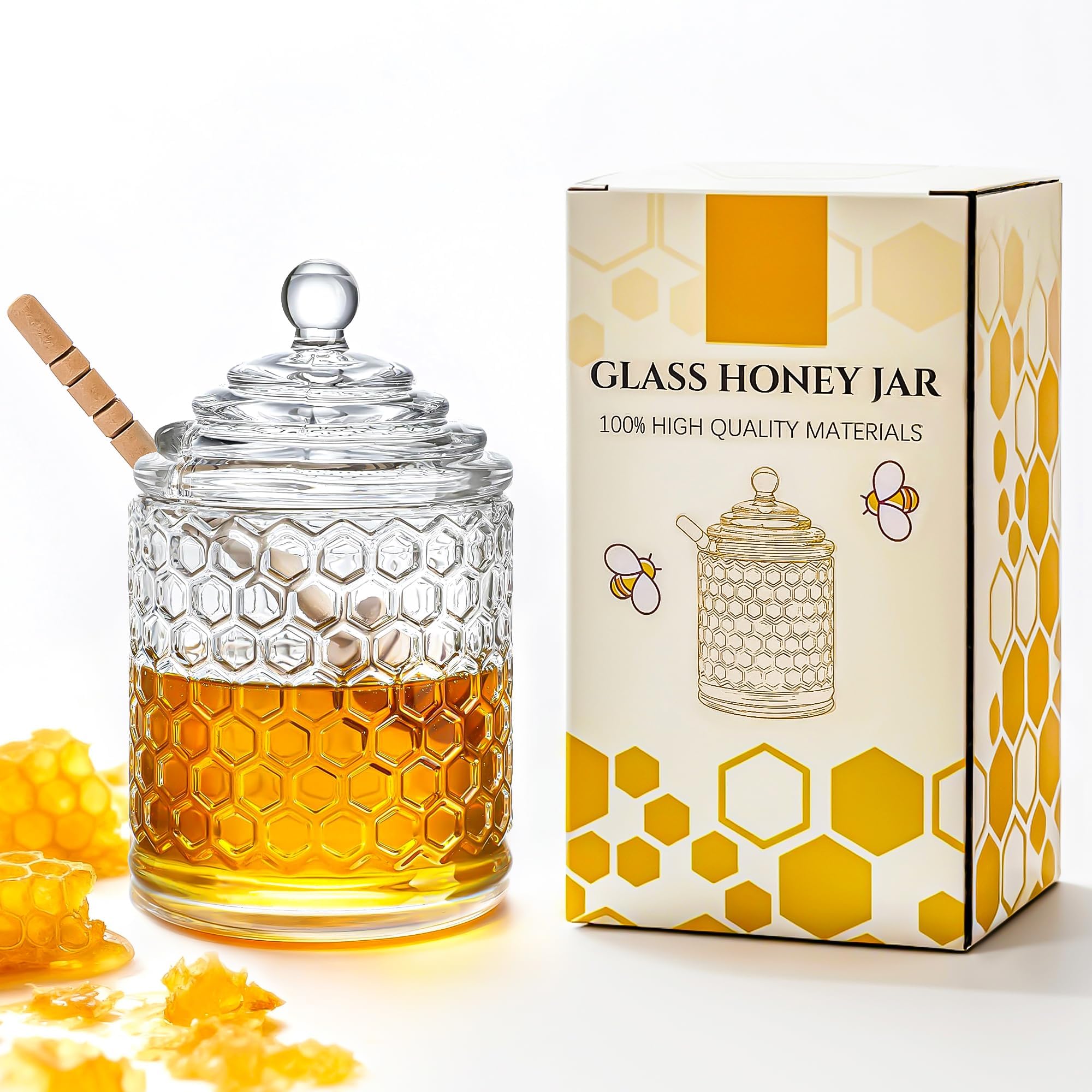 kanpura Clear Crystal Honey Pot with Dipper and Lid Glass Honey Jar with Dispenser Honey Holder and Syrup Container for Christmas Home Kitchen Decor,9 oz