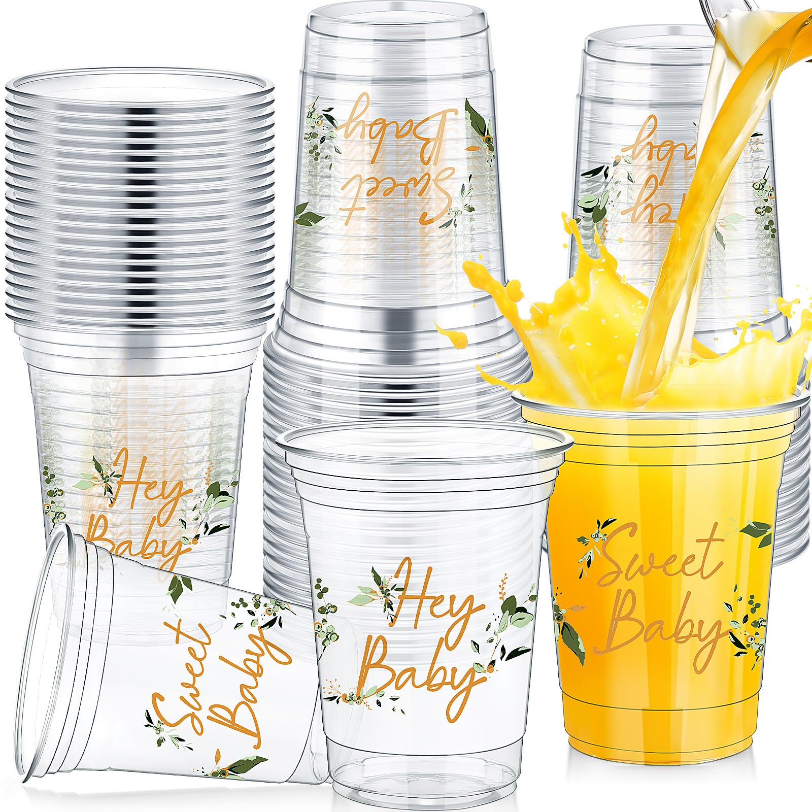 Fuyoooo 48 Pcs Eucalyptus Baby Shower Cups 16 Oz Plastic Cups Thick Clear Cup Sage Green Baby Shower Party Supplies for Birthday Party Favors Gender Reveal Decorations