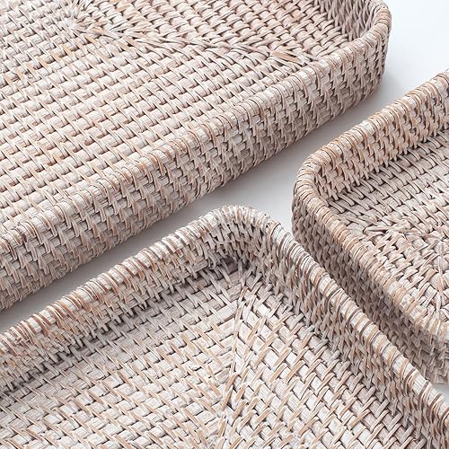 Miniatura 6 de Bandeja de servir de ratán, bandeja tejida rectangular, cestas decorativas de mimbre natural para organizar la mesa del baño, la encimera de la