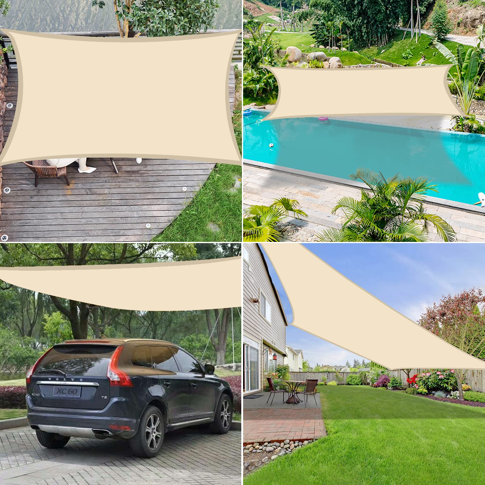 Vela Ombreggiante Impermeabile 2x3m, 95% Protezione UV Tenda da Sole per Esterno, Tenda Parasole Rettangolare per Giardino, Balcone, Piscina, Tenda a Vela Beige