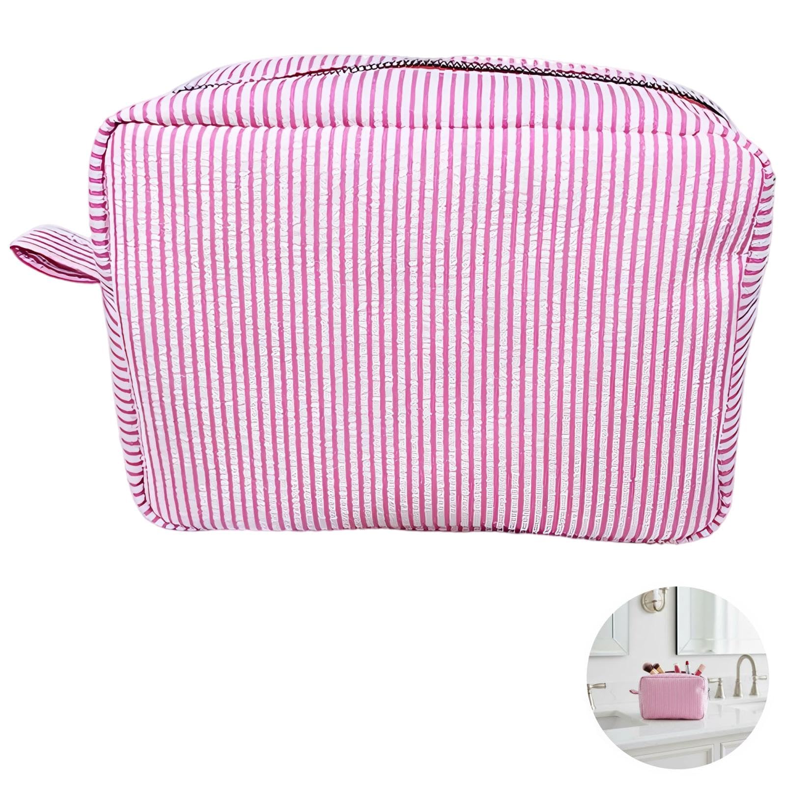 6 STK. Seersucker Kosmetiktaschen Set, rosa Streifen Make up Tasche, großer Reise Kulturbeutel Organizer, Stoff Aufbewahrungstaschen, indischer Stil für Hochzeit, Party Gastgeschenke