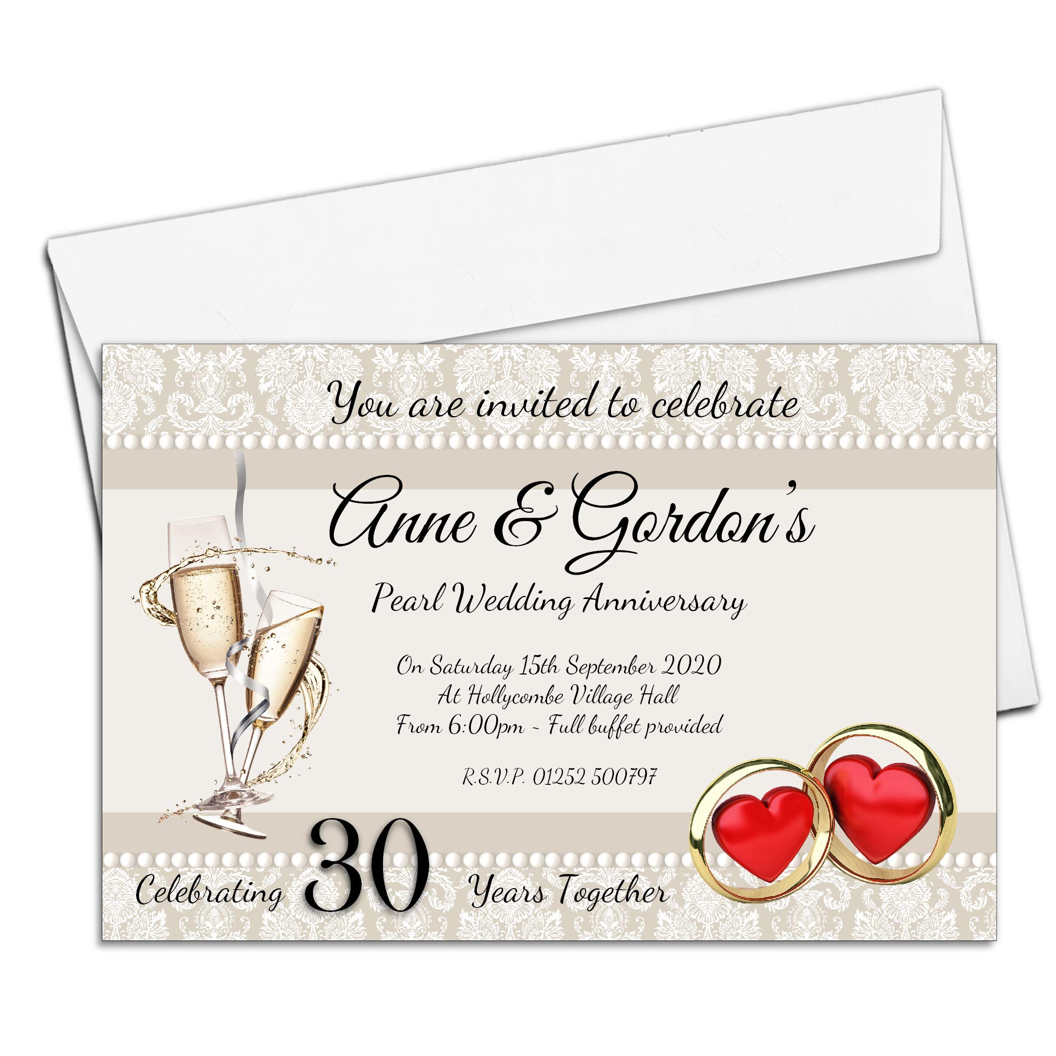 Invite Designs Ltd 10 Personalised 30th Pearl Wedding Anniversary Invitations Invites N17