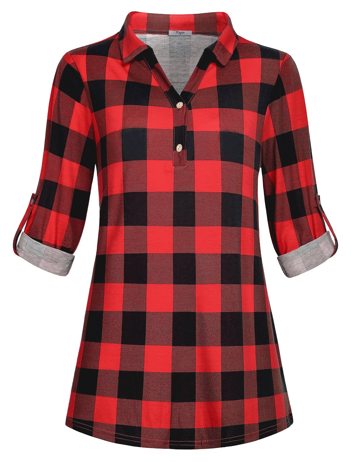 Cestyle Women's Collared Roll-Up 3/4 Sleeve Casual Loose Lightweight Knit Polo Plaid Shirt