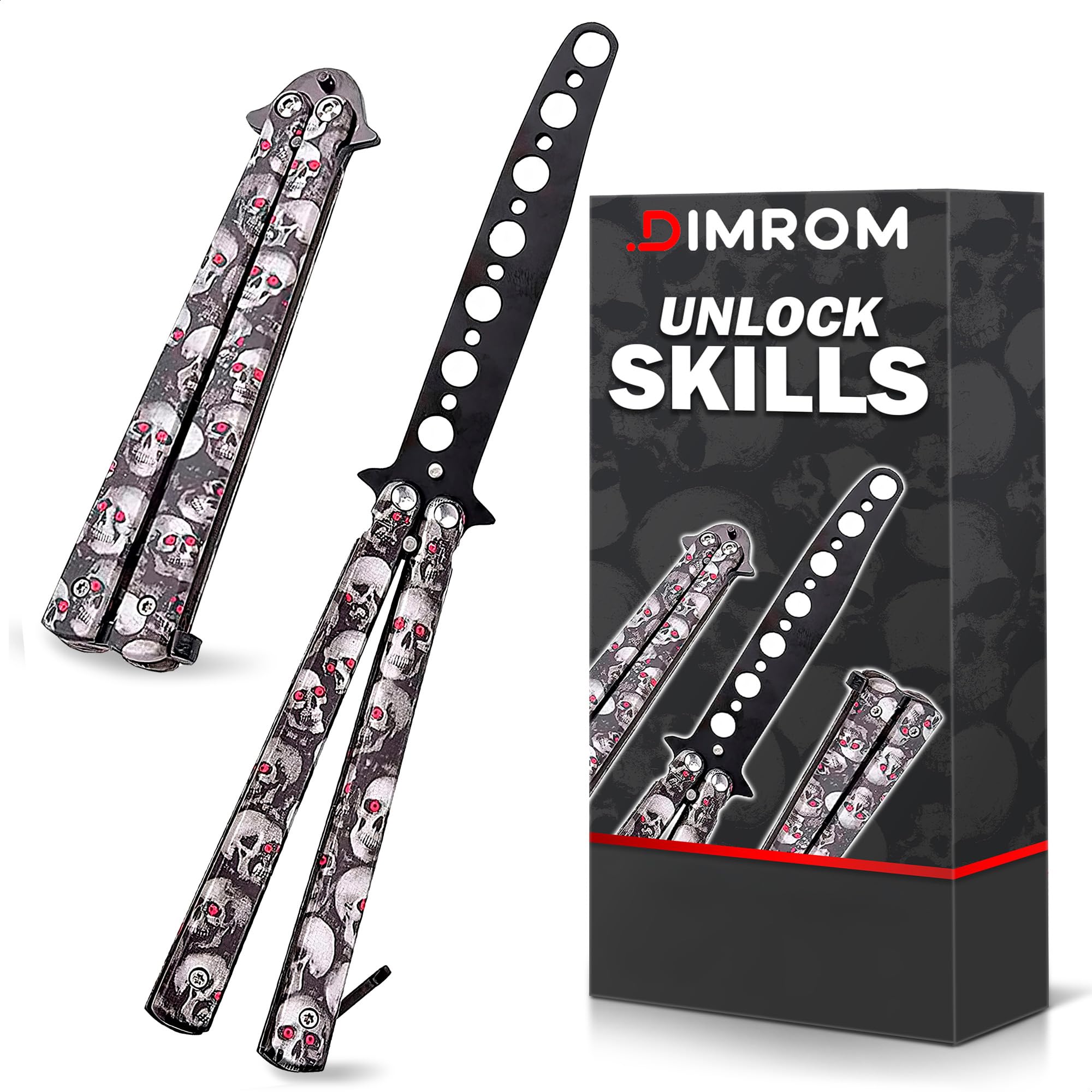 DIMROM Practice Butterfly Knife Trainer - Compact Balisong Knife with Skull Design, Blunt Stainless Steel Blade for Safe Training, Suits for Beginners and Enthusiasts Skill Building