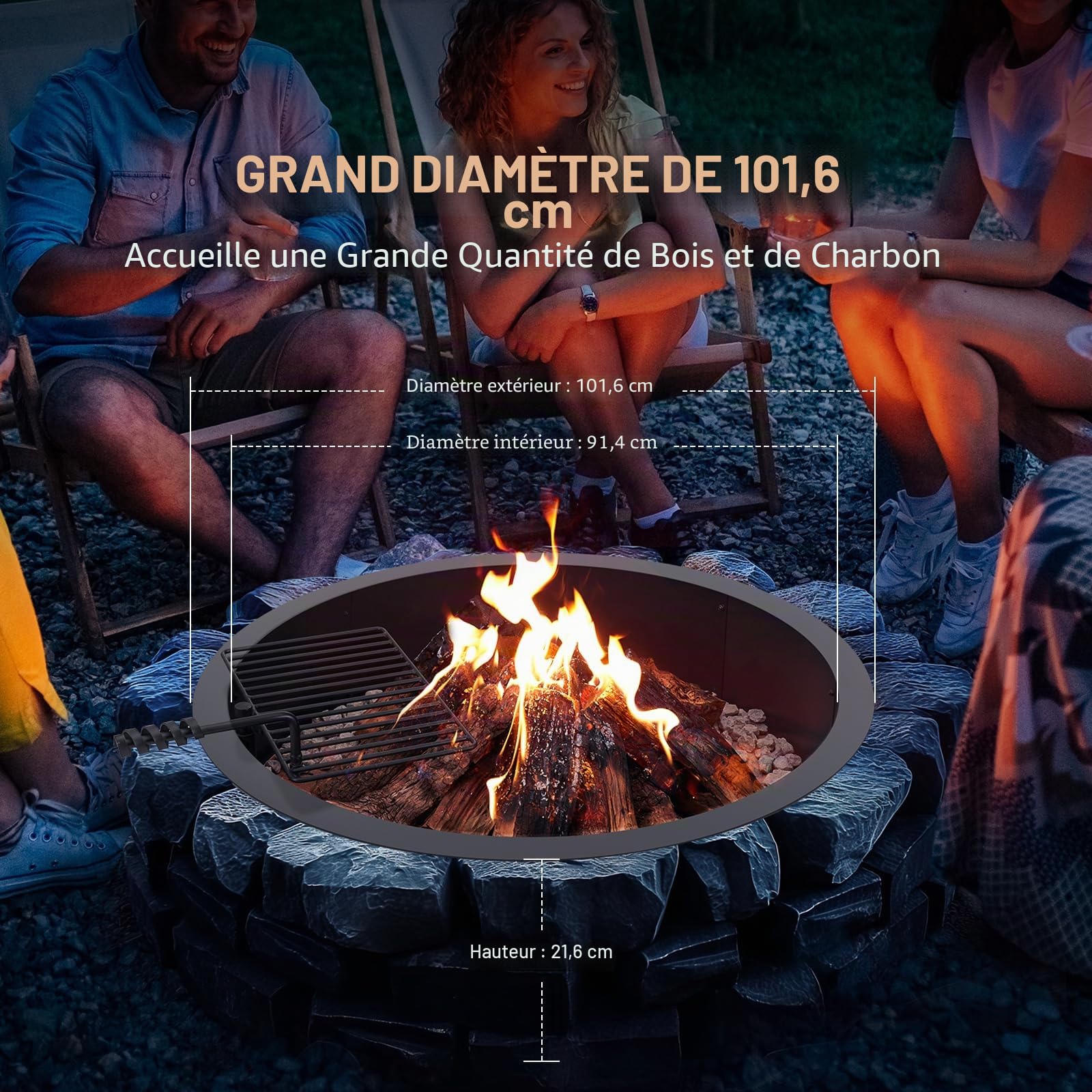 VEVOR Anneau de foyer avec gril de barbecue, diamètre extérieur 1016 mm diamètre intérieur 914,4 mm hauteur 215,9 mm, doublure en acier au carbone, anneau de feu de camp au-dessus ou sol, pour camping