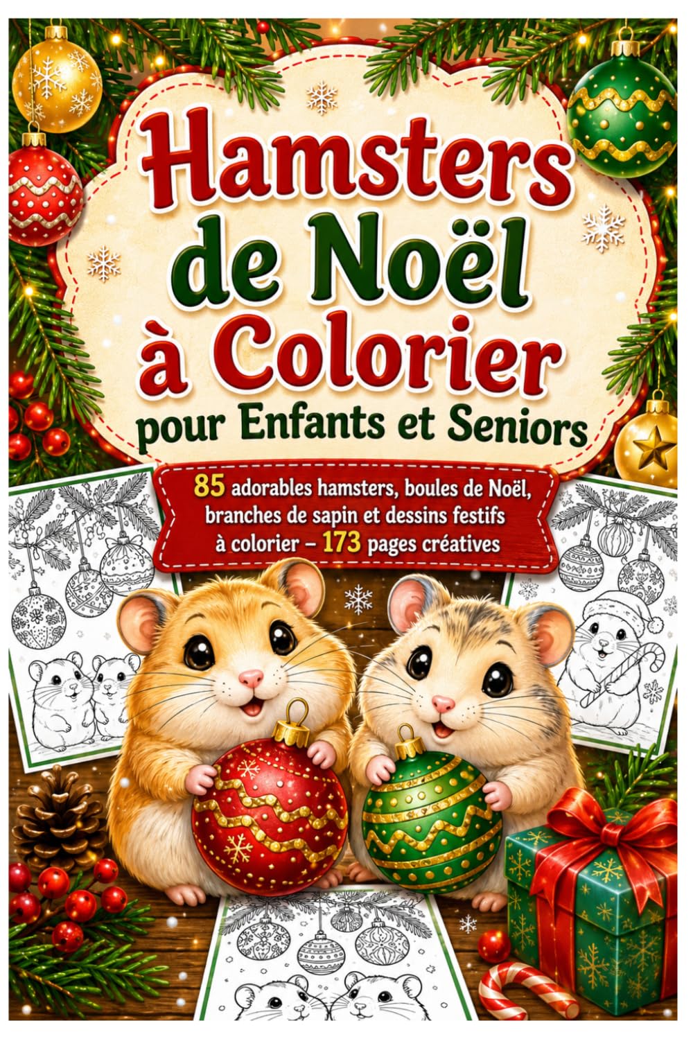 Hamsters de Noël à Colorier pour Enfants et Seniors: 85 adorables hamsters, boules de Noël, branches de sapin et dessins festifs à colorier – 173 pages créatives