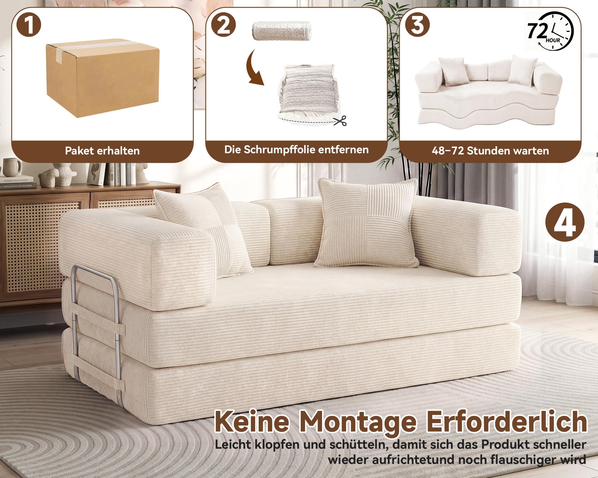 Vipbear Sofá Cama 2 Plazas, 180cm Modular Versátil Sofá Convertible 5 en 1 | Alta Densidad Espuma Viscoelástica Sofá Cama para Apartamento, Seccional sin huesos, Apto para Mascotas, sin Montaje, Beige