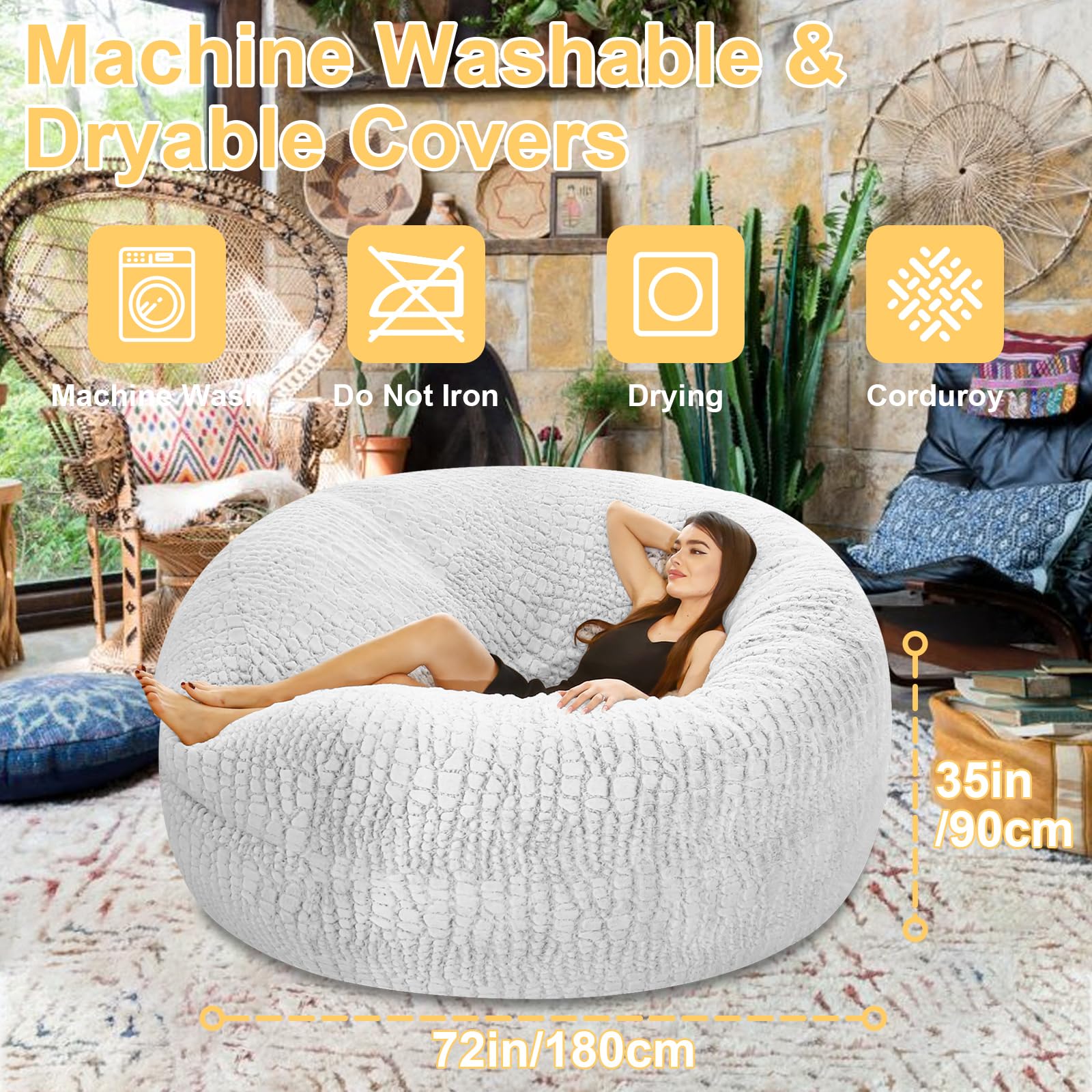 Bean Bag Chairs Cover with Not Filler, Comfy Fluffy Croc-print Fluff Bean Bag Sofa Cover,Giant Bean Bag Chair Cover for Adults/Teens for Living Room Bedroom Decoration (snow black,7ft)