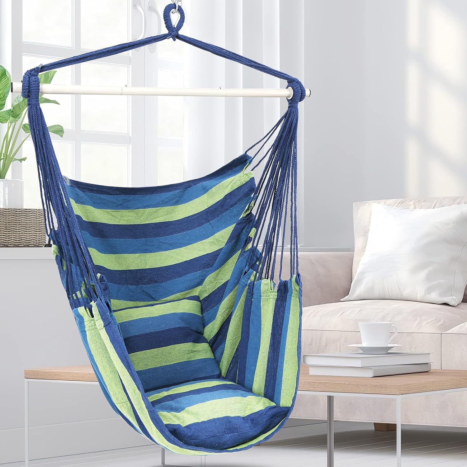 BXL Hammock Chair Hanging Rope Swing with Durable Hanging Hardware Kit, Exquisite Dreamy Round Hanging Chair, 100% Cotton Rope Macrame Swing Chairs…
