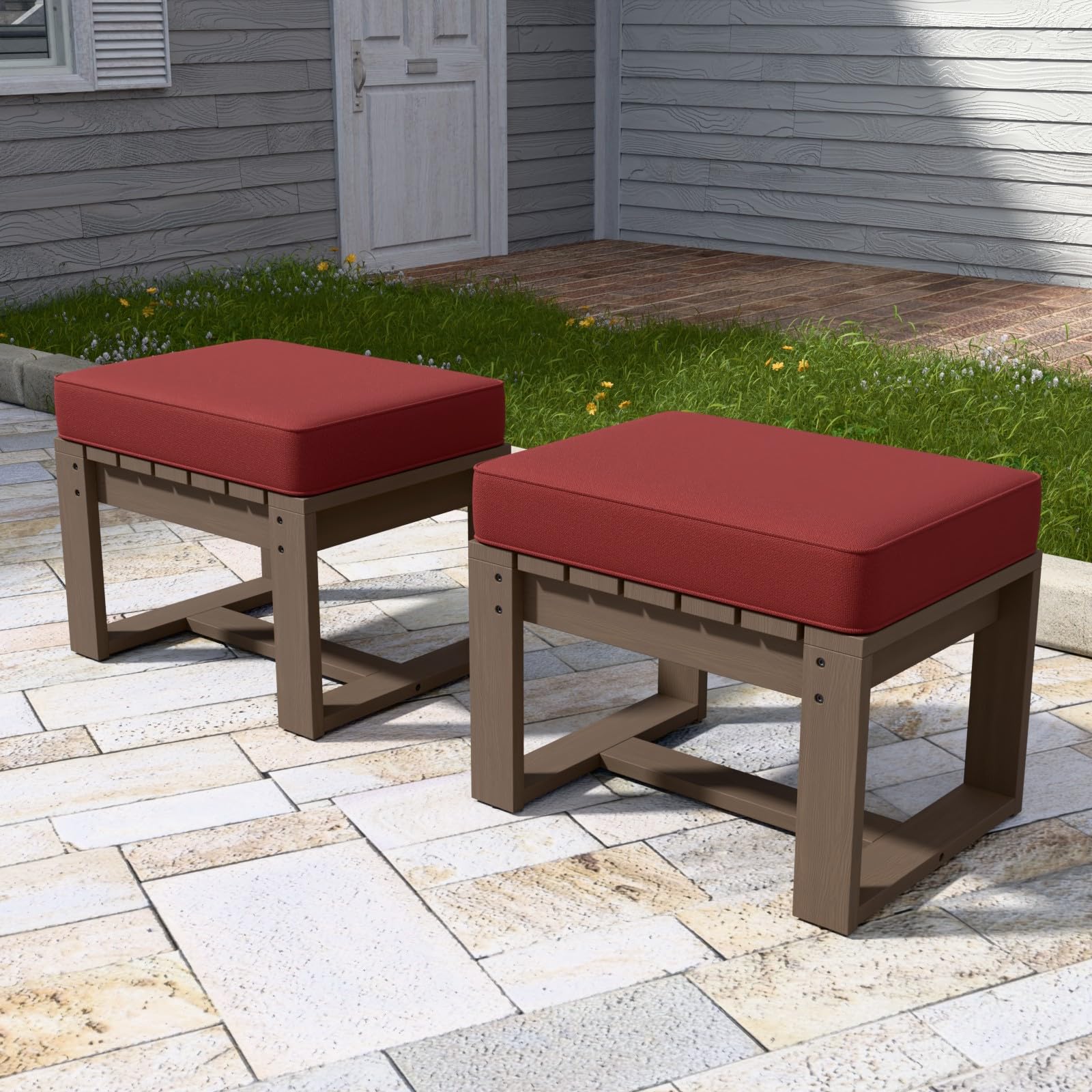 EAGLE PEAK Natural Cedar Outdoor Patio Ottomans with Removable Cushions, Set of 2, Outdoor Real Wood Footrest Contemporary Décor for Deck, Porch, Balcony and Backyard, Brownish/Red