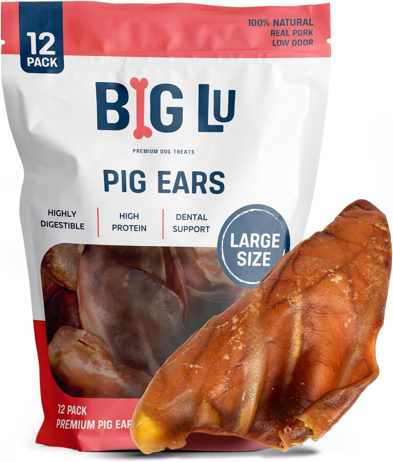 Big Lu – Whole Pig Ears for Dogs, 12 Count, All-Natural Single-Ingredient Pork Treats for Medium and Large Dogs, Easily Digestible, Long-Lasting, Supports Joint Health with Glucosamine and Chondroitin