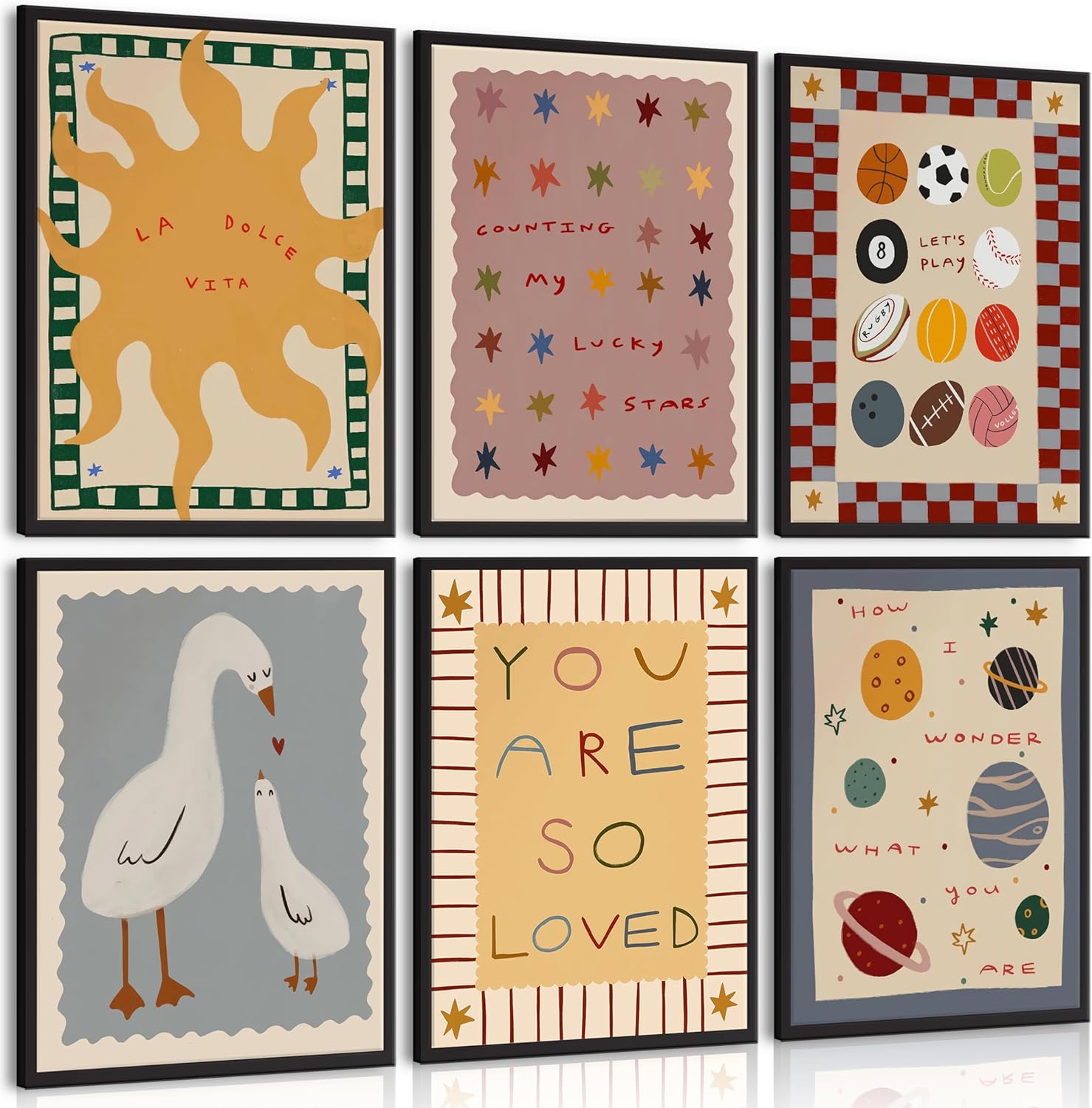 MJVCFWNS 6Pcs Cute Nursery Wall Art Boho Kids Room Inspirational Quotes Painting Picture Wall Decor Sun Star Ball Goose Poster Printing Artwork for Boys Girls Toddler Room Playroom Home Decor