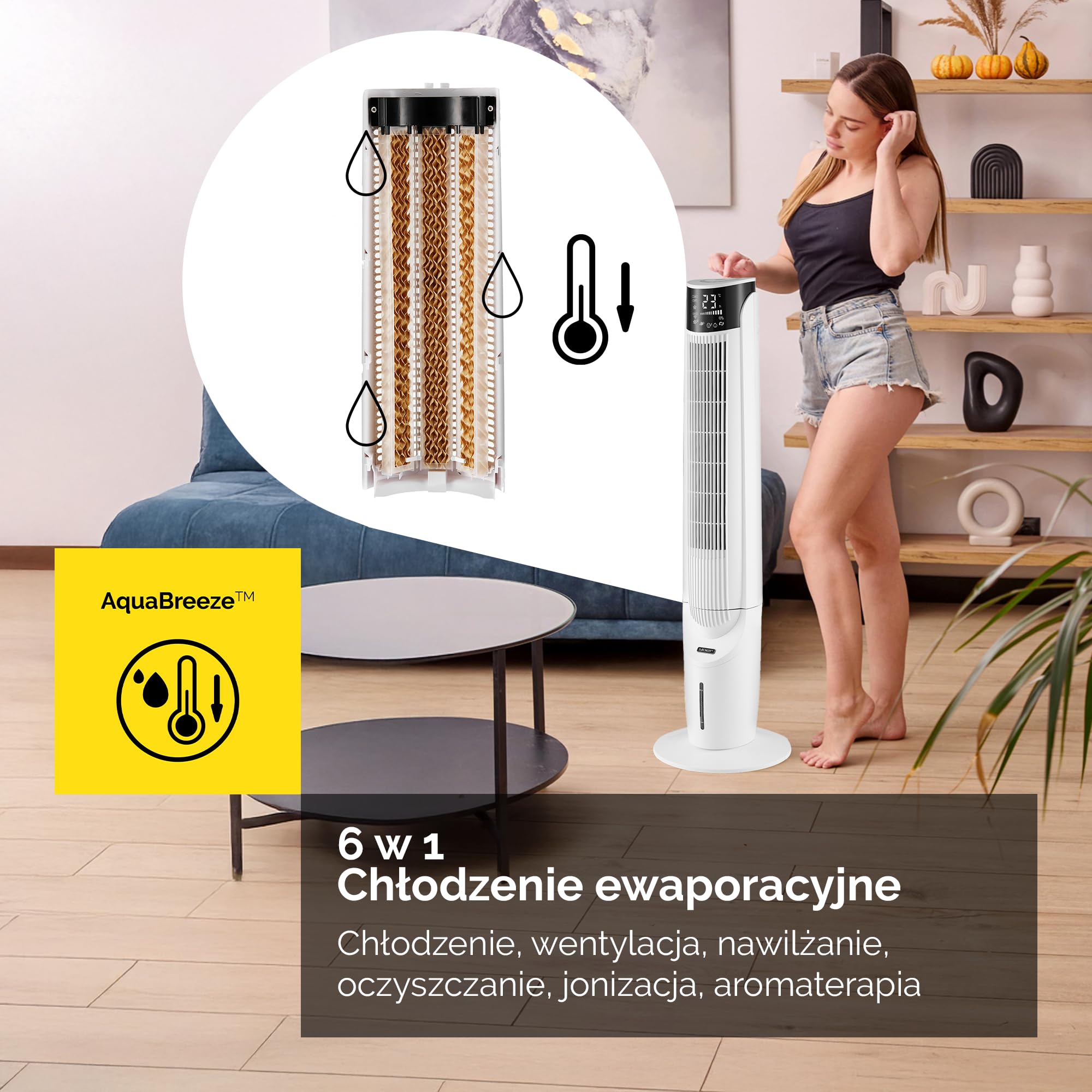 Yoer 33dB Cichy Klimator wodny przenośny 6w1, Wentylator kolumnowy, 60W, 10m Zasięg nawiewi, 2x szybsze chłodzenie, Nawilżanie powietrza, Aromaterapia, Jonizacja, 90° Oscylacja, Cascado TFC06W, biały