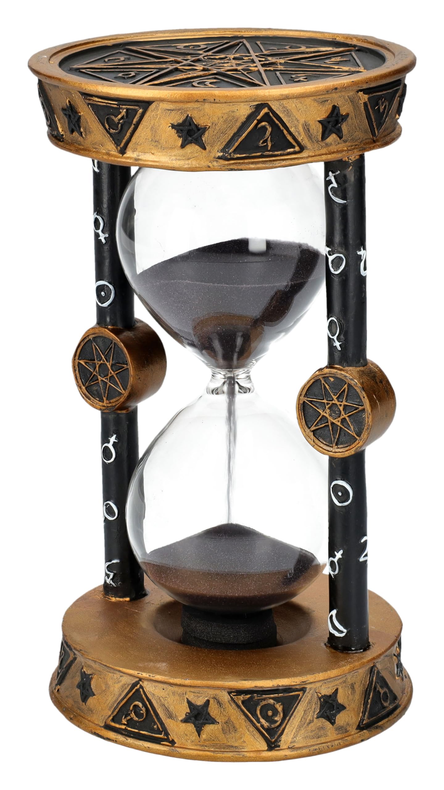 Reloj de arena místico, 17 cm, diseño de astrología, color negro y dorado, 5 minutos