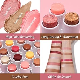 KIMUSE Face Sticks Trio, Cream Blush Stick & Highlighter Stick & Contour Stick for Sculpt the Cheeks, Long Lasting Cream Contour Stick Trio for Face Makeup, with Brush