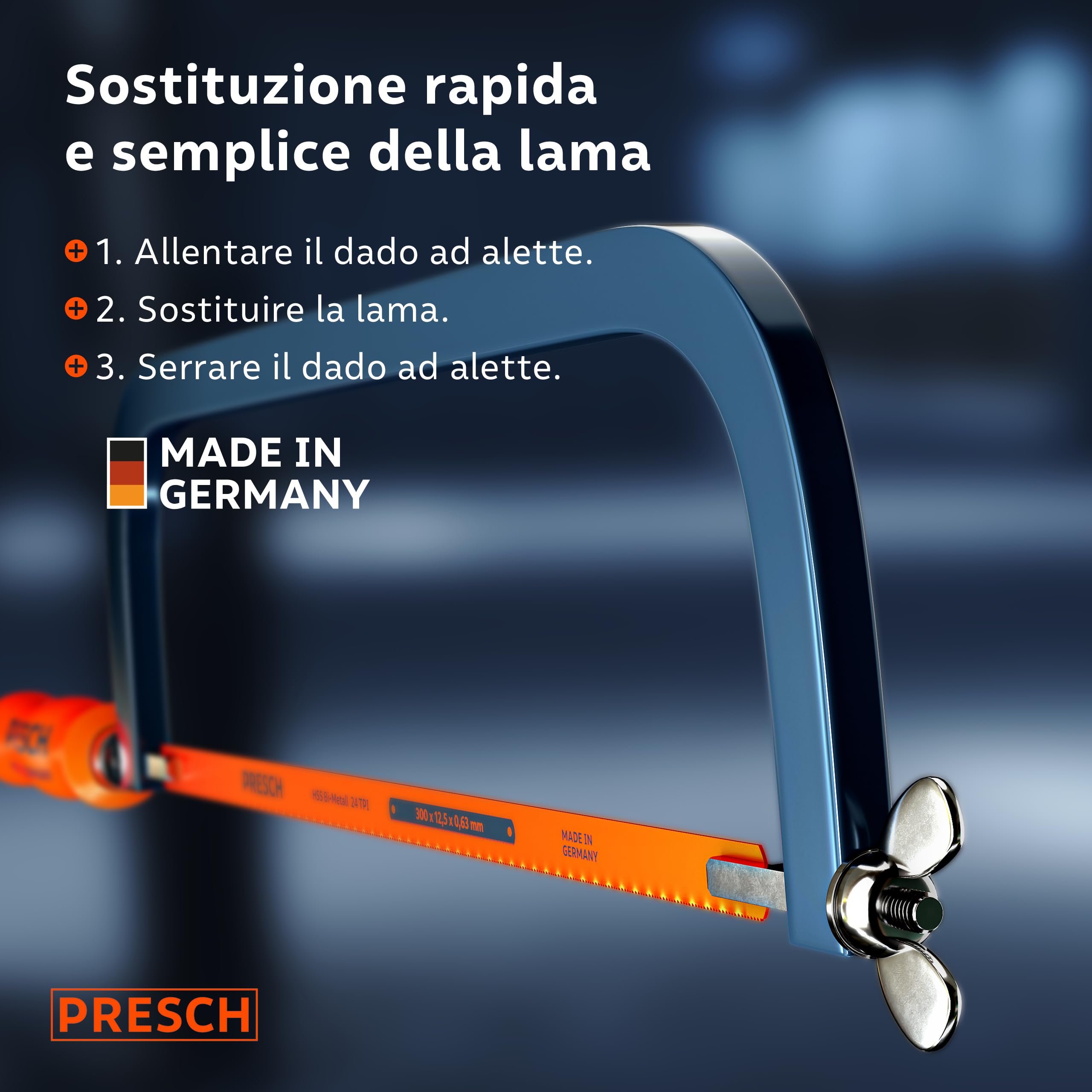 Presch Seghetto per metallo 300mm - Con lama in BI-metal per tagli precisi - Rotazione di 90° della lama per tagli orizzontali e verticali - Sostituzione rapida delle lame - Seghetto per ferro ecc.