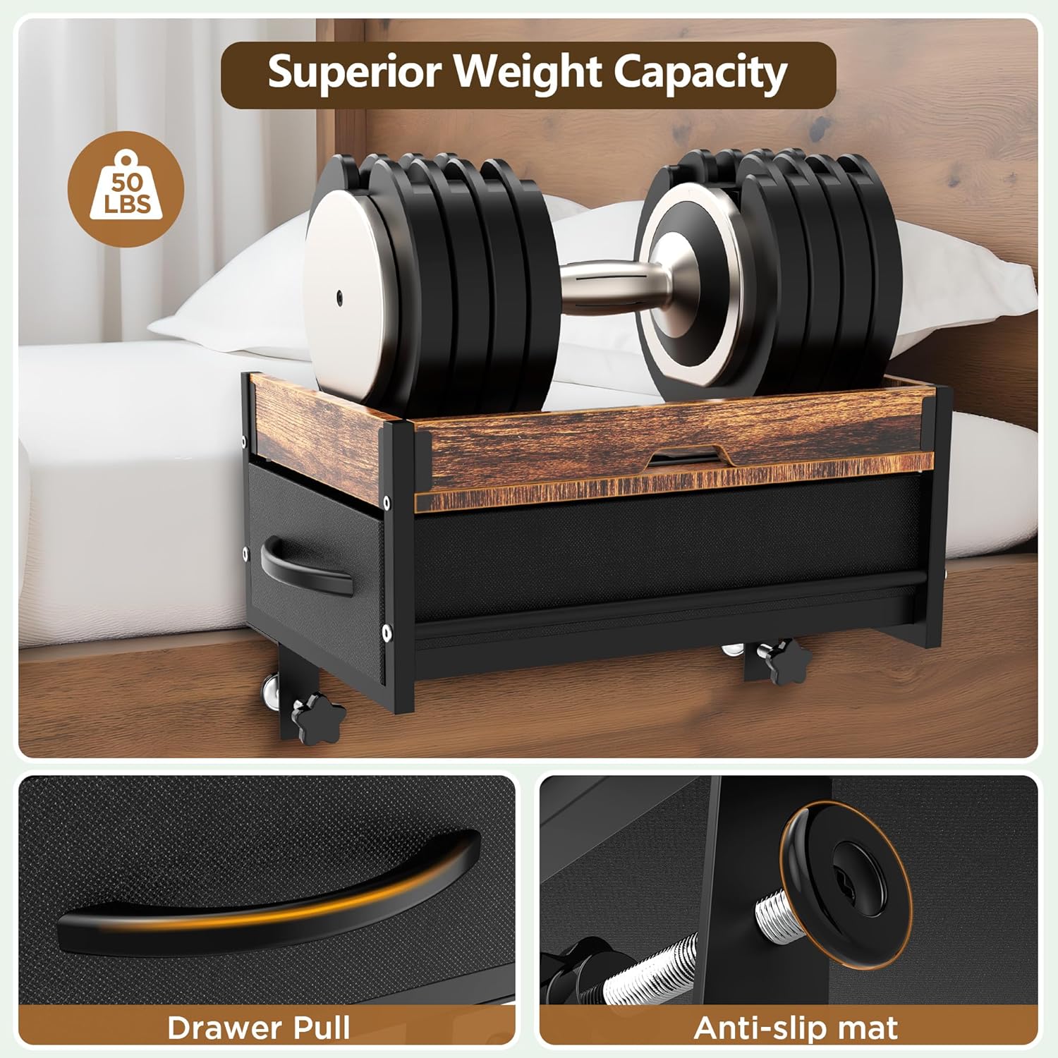 Bedside Shelf for Bunk Bed, 2 Tier Clip On Bed Shelf with Drawer & Cable Management, Under Mattress Bedside Shelf for Dorm Room, Loft Frame, College Dorm Essentials, Back to School (Brown)