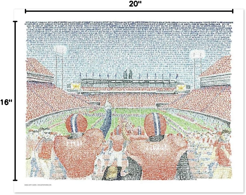 Memorial Stadium Word Art - 16x20 Unframed - Handwritten with the scores of every win in history - Clemson Gifts & Decor