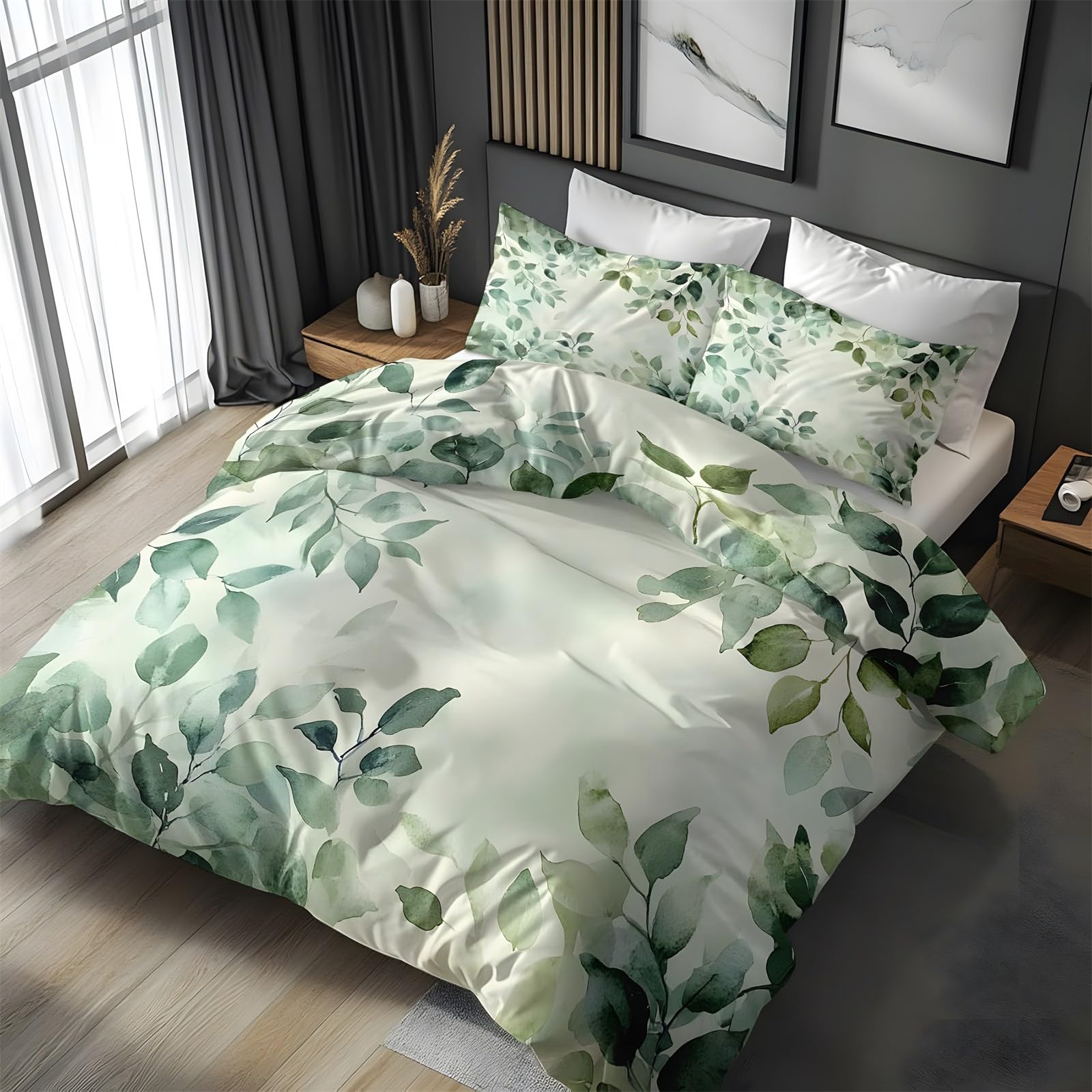 Ypthriline Super King Duvets Set Eucalyptus Leaves Bedding Set Microfiber Light Green Duvet Covers with Pillowcases Reversible Bedding With Zipper Closure 260x220CM