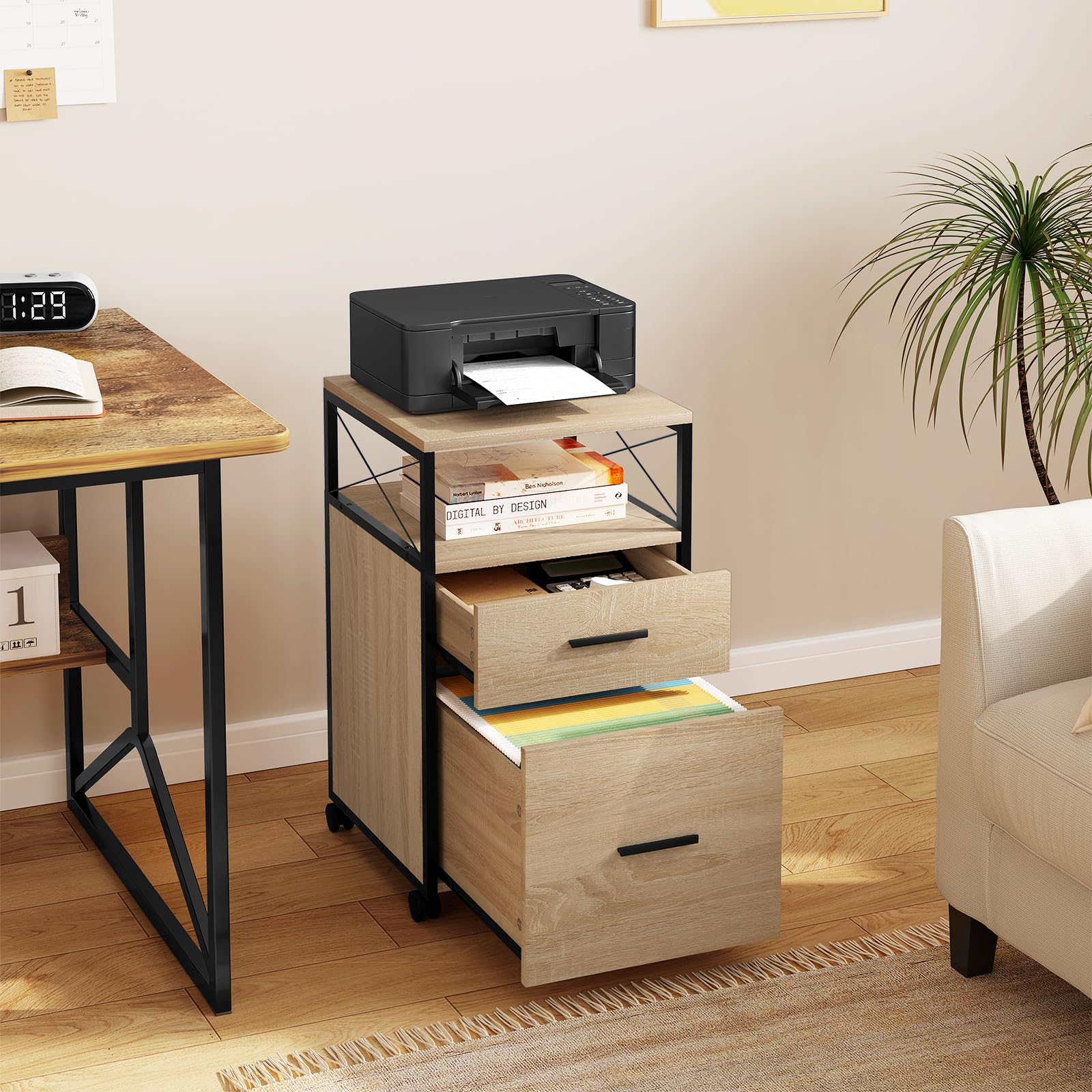 WOLTU Caisson de Bureau à roulettes, Armoire Mobile à 2 Tiroirs avec 1 Compartiment Ouvert, Meuble de Rangement pour Dossiers, Documents A4, Effet Bois Clair, 40x40x69cm, ASK09hei