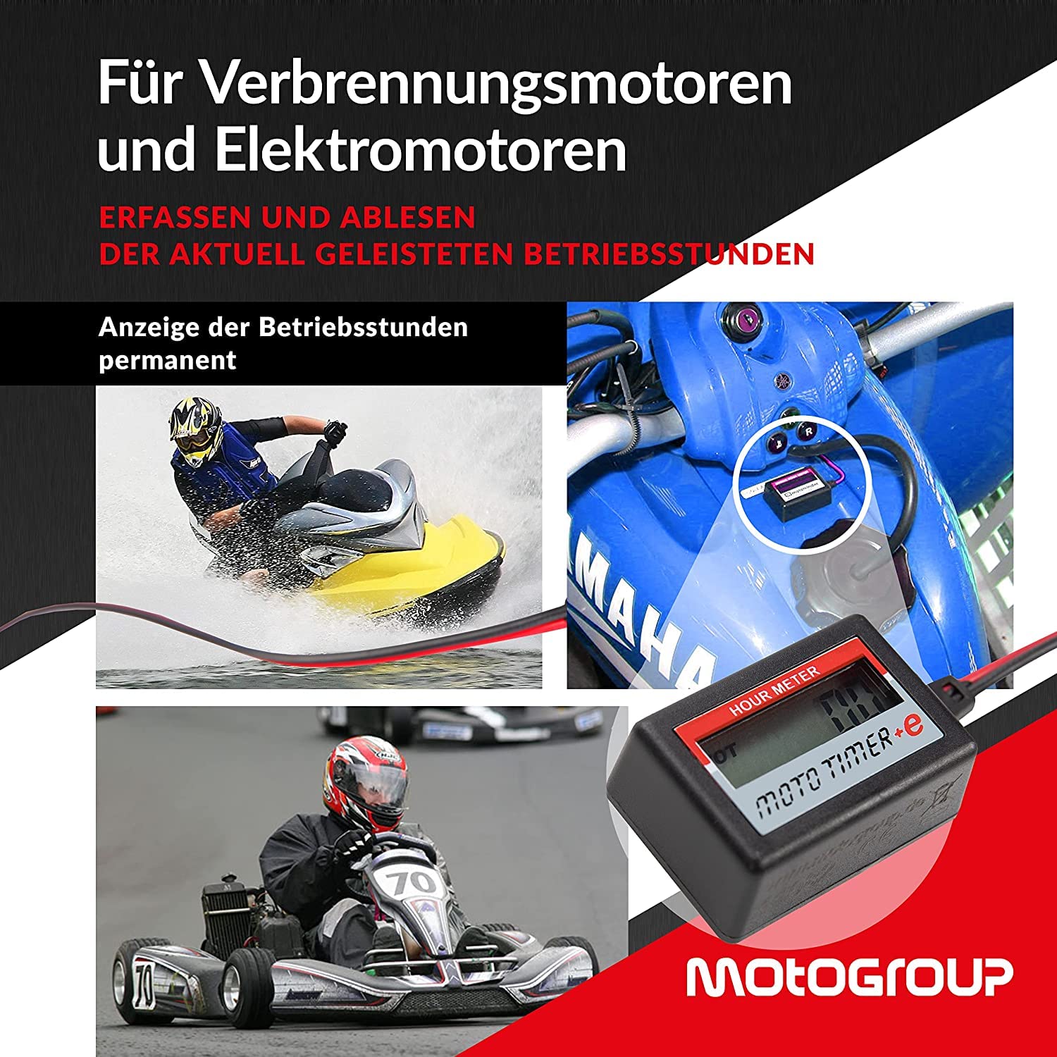 Moto Timer +e – Betriebsstundenzähler zum Nachrüsten – Stundenzähler – Anschluss induktiv – Anschluss an Betriebsspannung – Anschluss an Spannung, ein Zähler für alle Signale