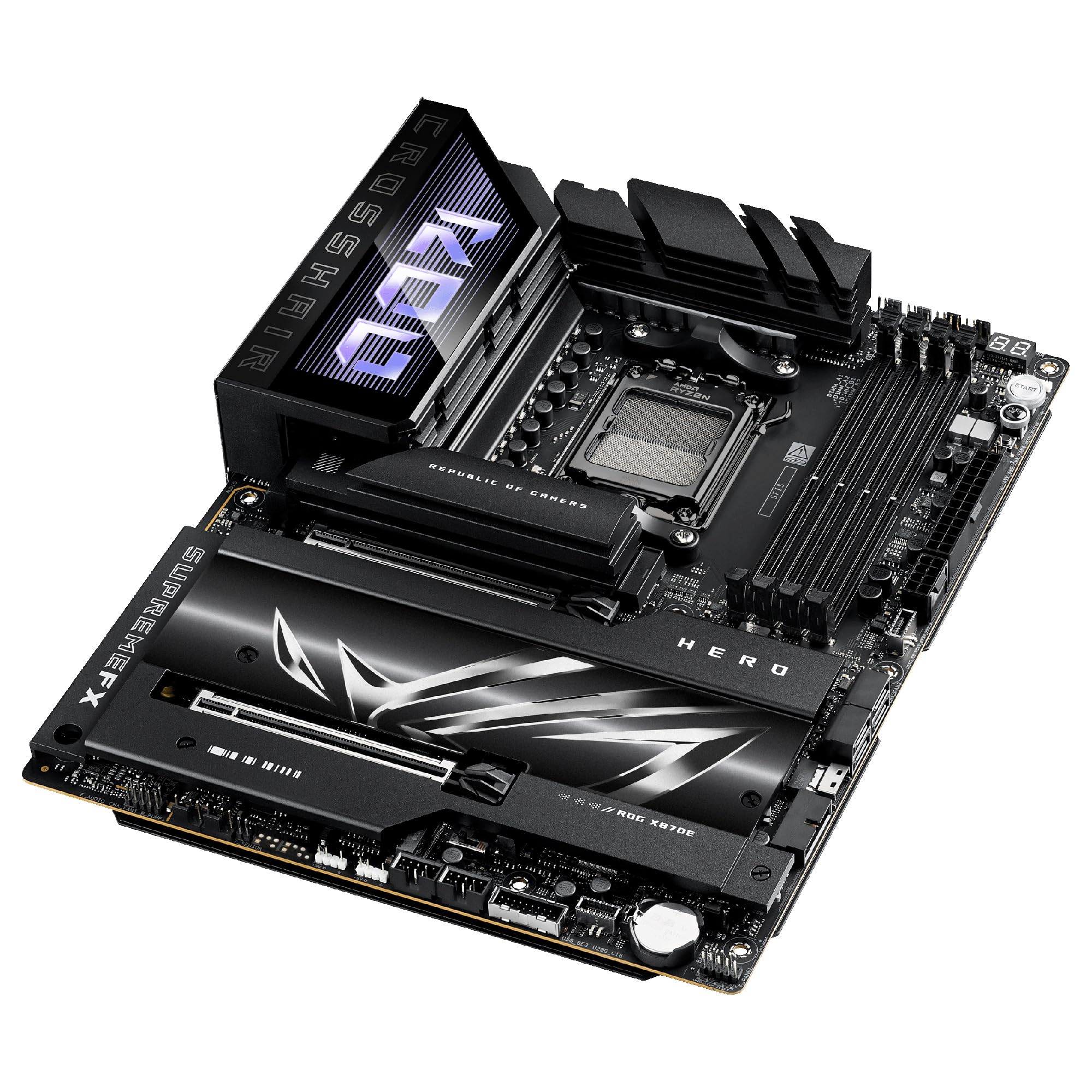 ASUS ROG Crosshair X870E Hero - Placa Base AMD ATX, 18+2+2 etapas de Potencia, DDR5, PCIe 5.0 Compatible con GPU de última generación, Cinco M.2, Wi-Fi 7, USB4, AI Overclocking