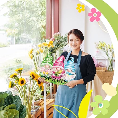 Miniatura 5 de Kathfly Letrero de madera con texto en inglés Hello Spring para puerta delantera, gnomo, tulipán, colgante de pared, corona de primavera, letrero de