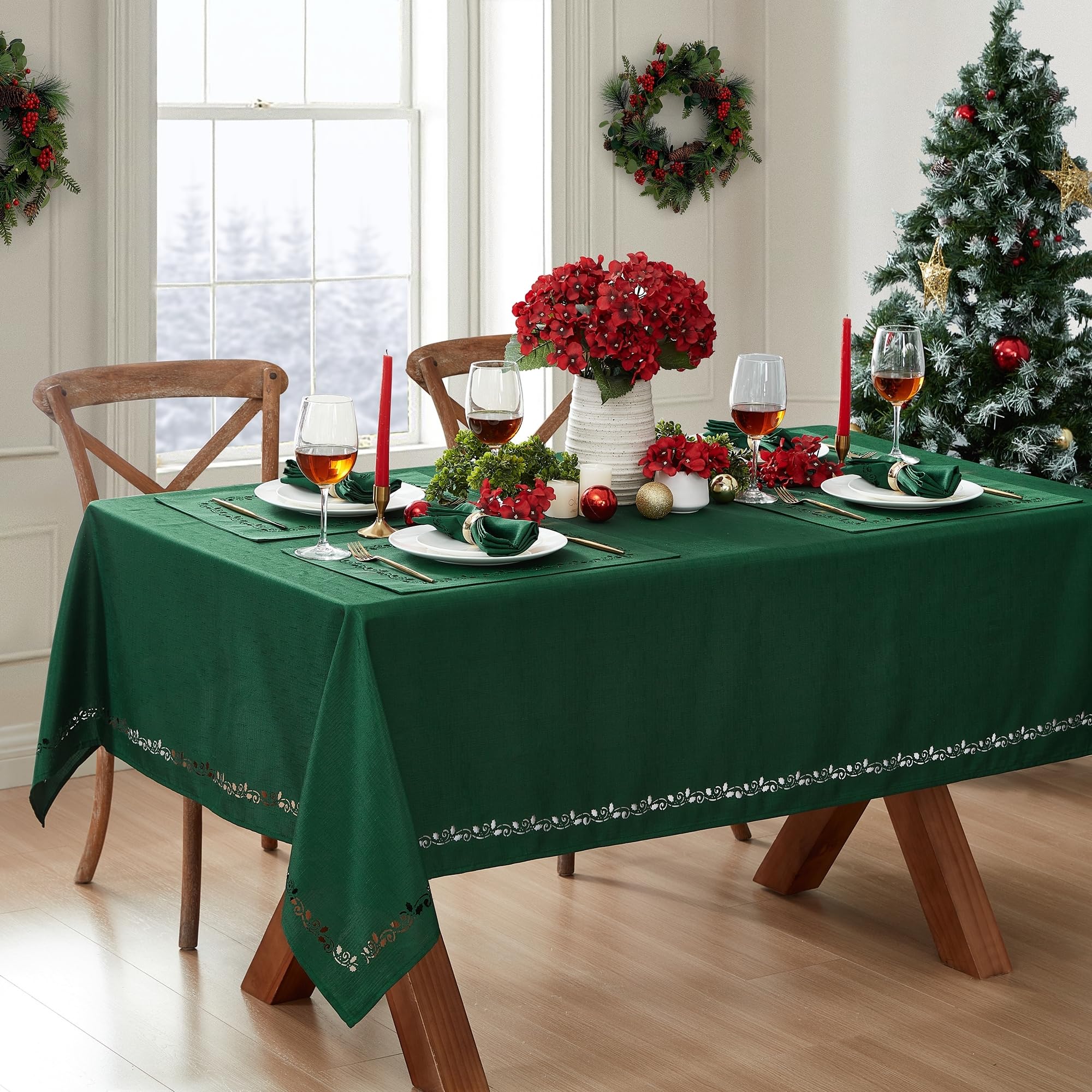 Elrene Home Fashions Poinsettia Noel Tablecloth - 52x52 Square Red Holiday Table Cover