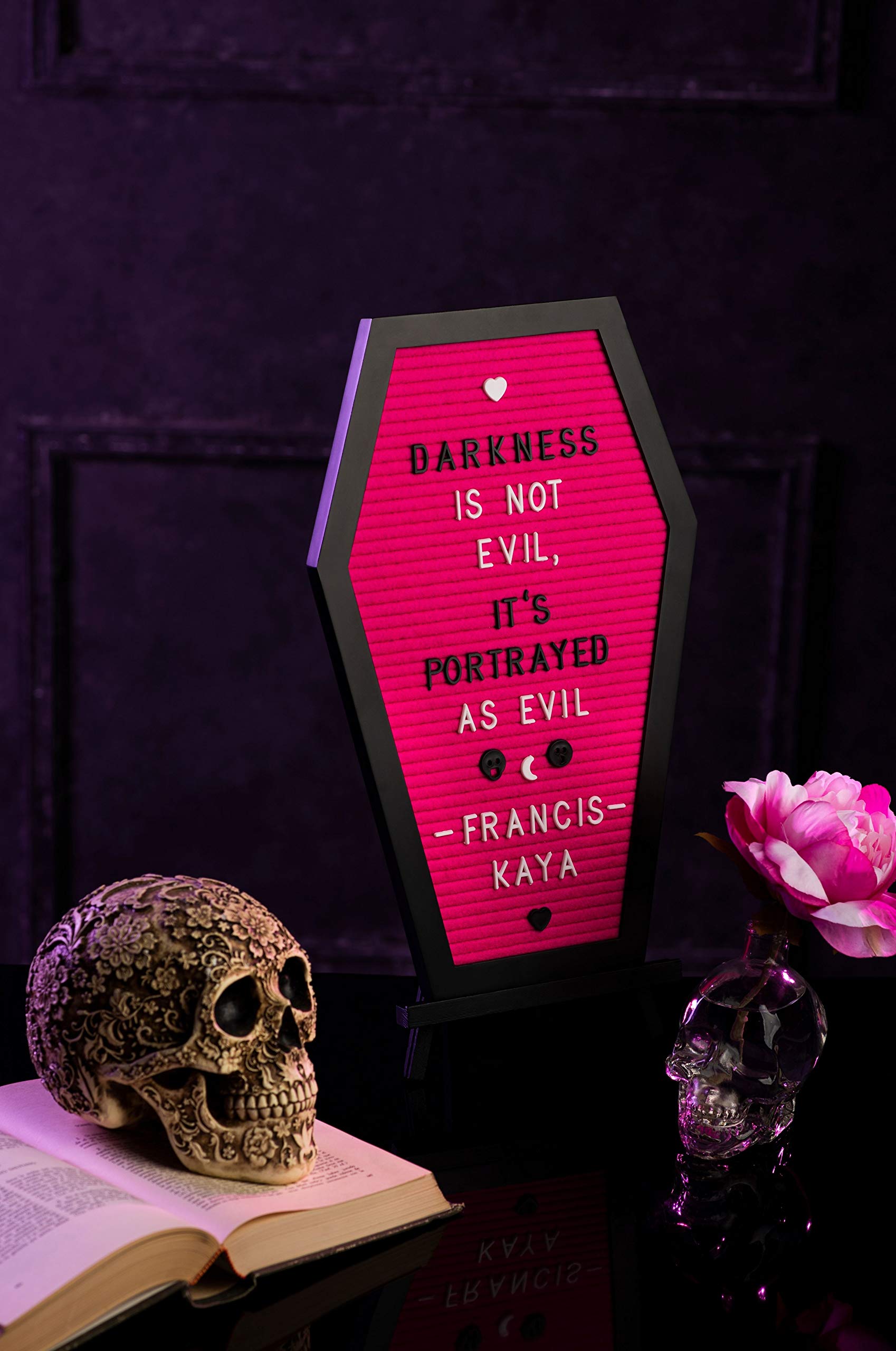 Coffin Letter Board +3D Bat Stickers +650 Characters, Spooky & Seasonal Emojis, Wooden Stand - 17x10.5 Inches - Coffin Shaped Goth Decor Sign Witchy Halloween Decorations Gothic Decor Birthday Wedding Home Spooky Gifts: Pink