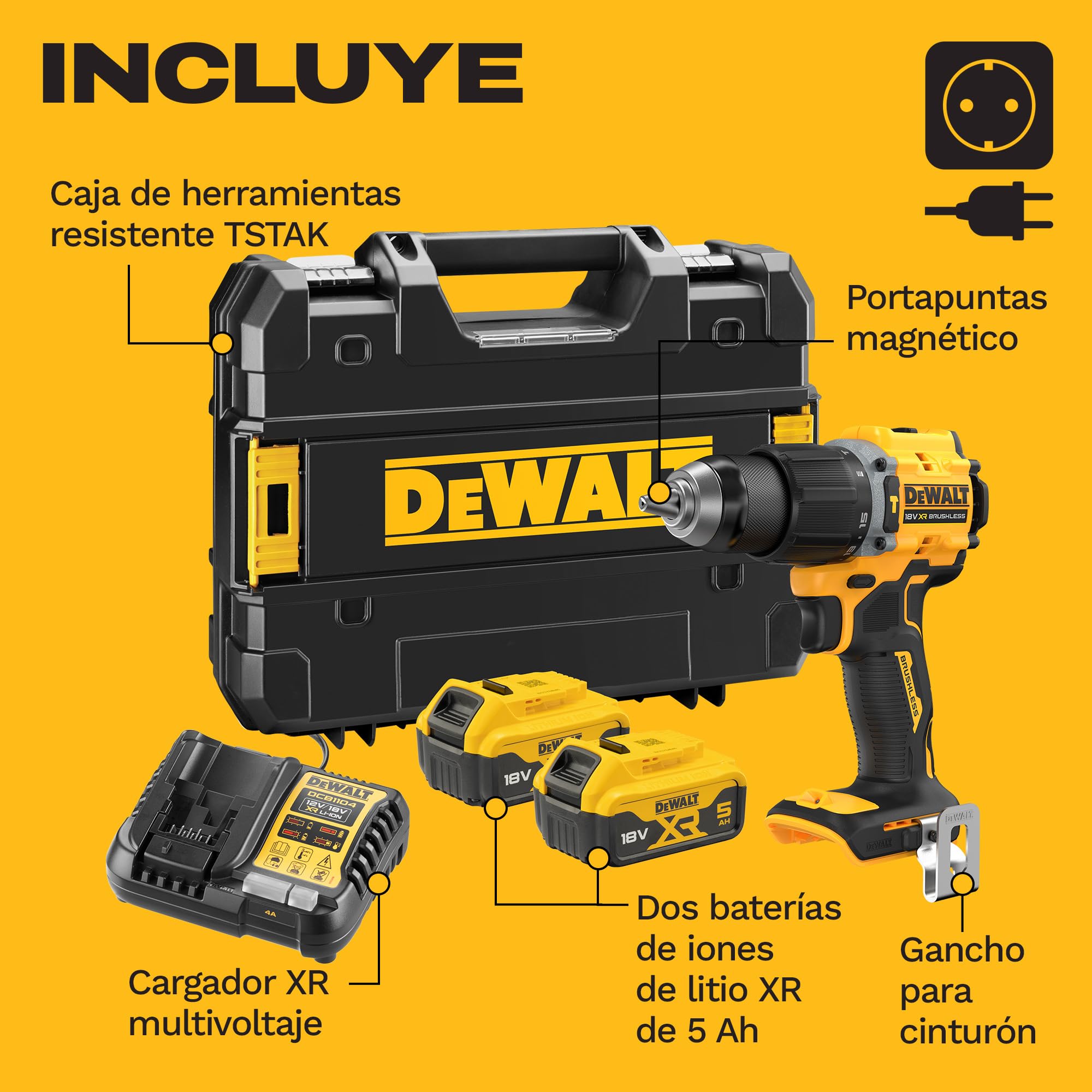 DEWALT Taladro percutor compacto sin escobillas 18V XR con 2 baterías de iones de litio de 5Ah y caja de kit TSTAK, enchufe europeo, DCD799P2T-QW