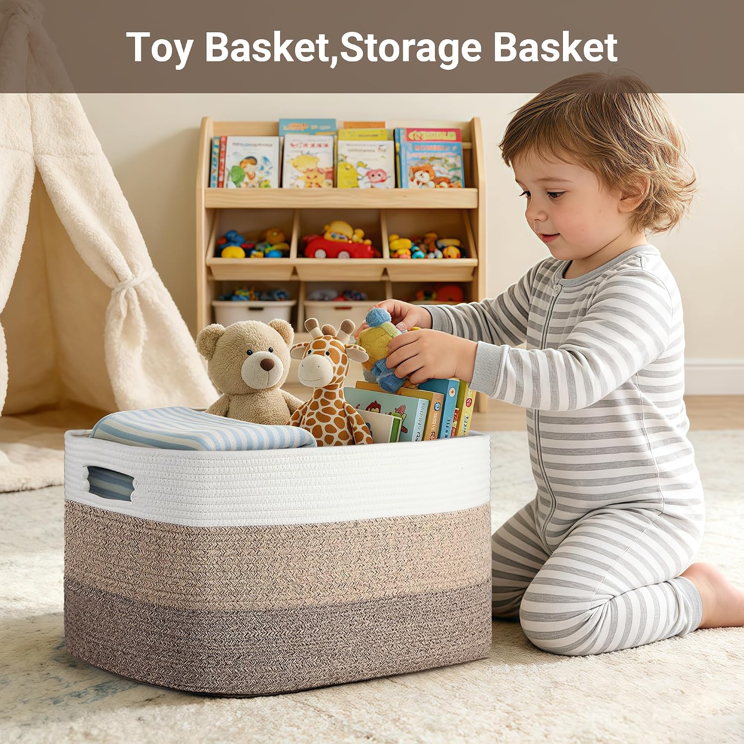 75L Large Woven Storage Basket, Cotton Rope Laundry Hamper with Handles, 22”x17”x12” Rectangle Blanket Basket for Toys, Clothes, Pillows, Nursery and Living Room, Gradient Brown/White
