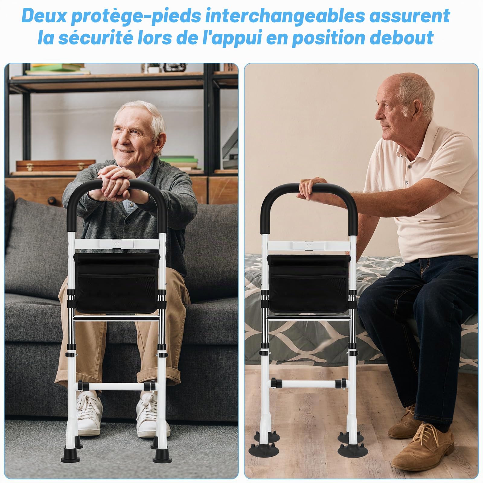 Aides Lever Lit 78 – 95 cm Réglable Support pour se lever du lit avec lumière LED Capacité 136 kg Aide pour rester debout sur les canapés, lits, à côté des toilettes pour personnes âgées et