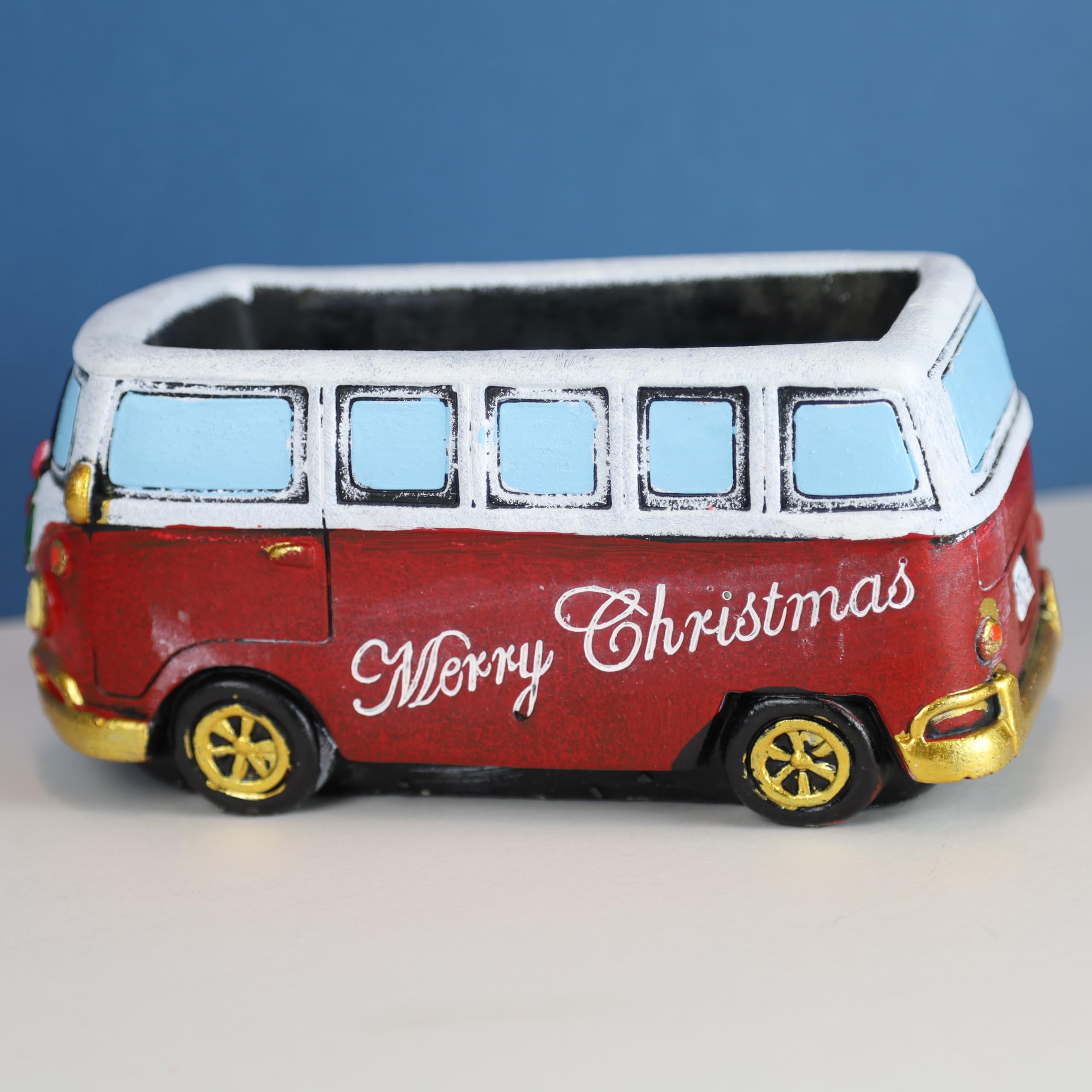 Fyne-Finds Red Merry Christmas Campervan Planter Garden Plant Flower Retro Drain Plug Pot 11Cm, 4.5Inch Cement Trough Indoor Decor