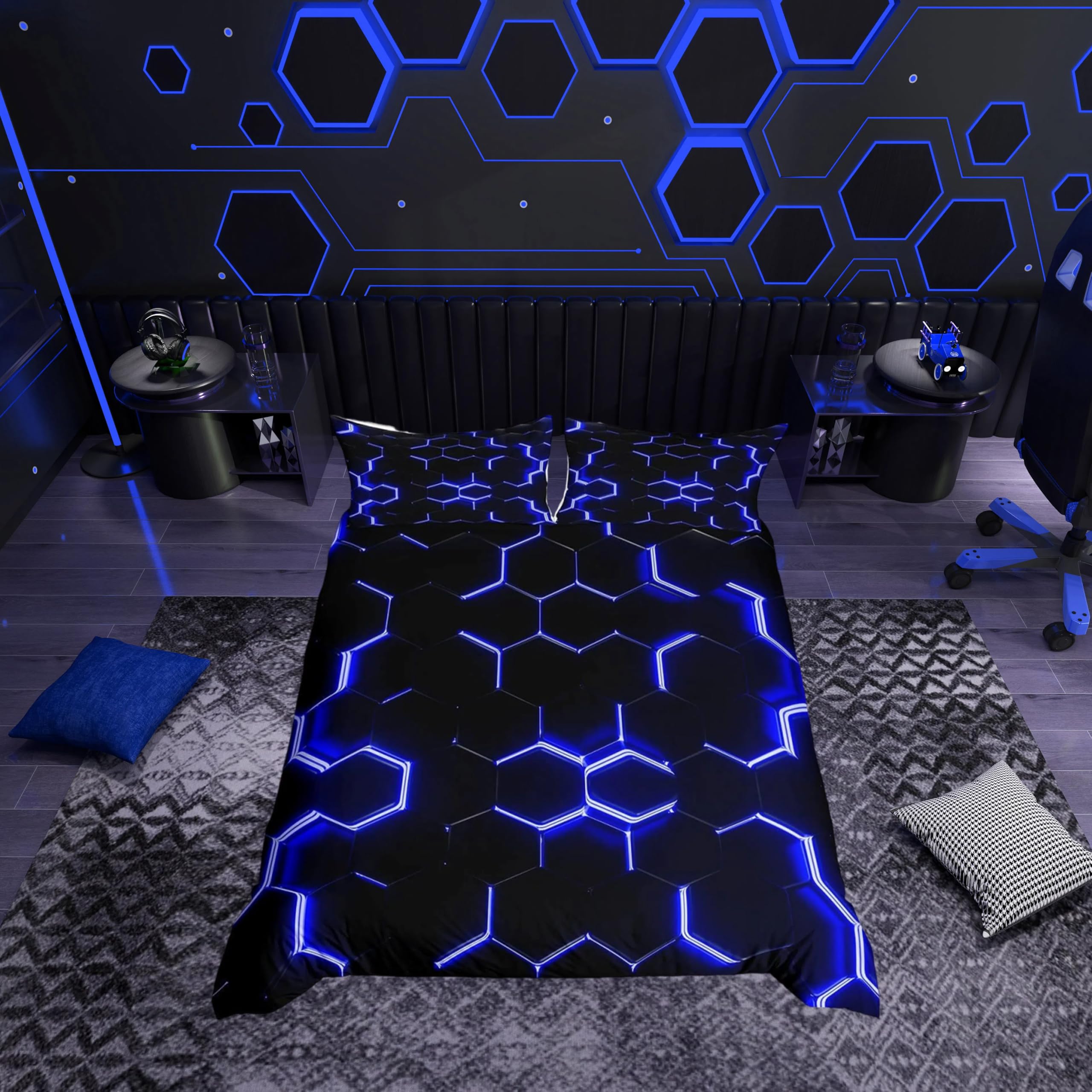 Loussiesd Honeycomb Bedding Set Neon Light Geometric Super King Bed Cover for Kids Boys Duvet Cover Soft Microfiber Blue Black Hexagonal Comforter Cover Zipper with 2 Pillow Cases — image 1