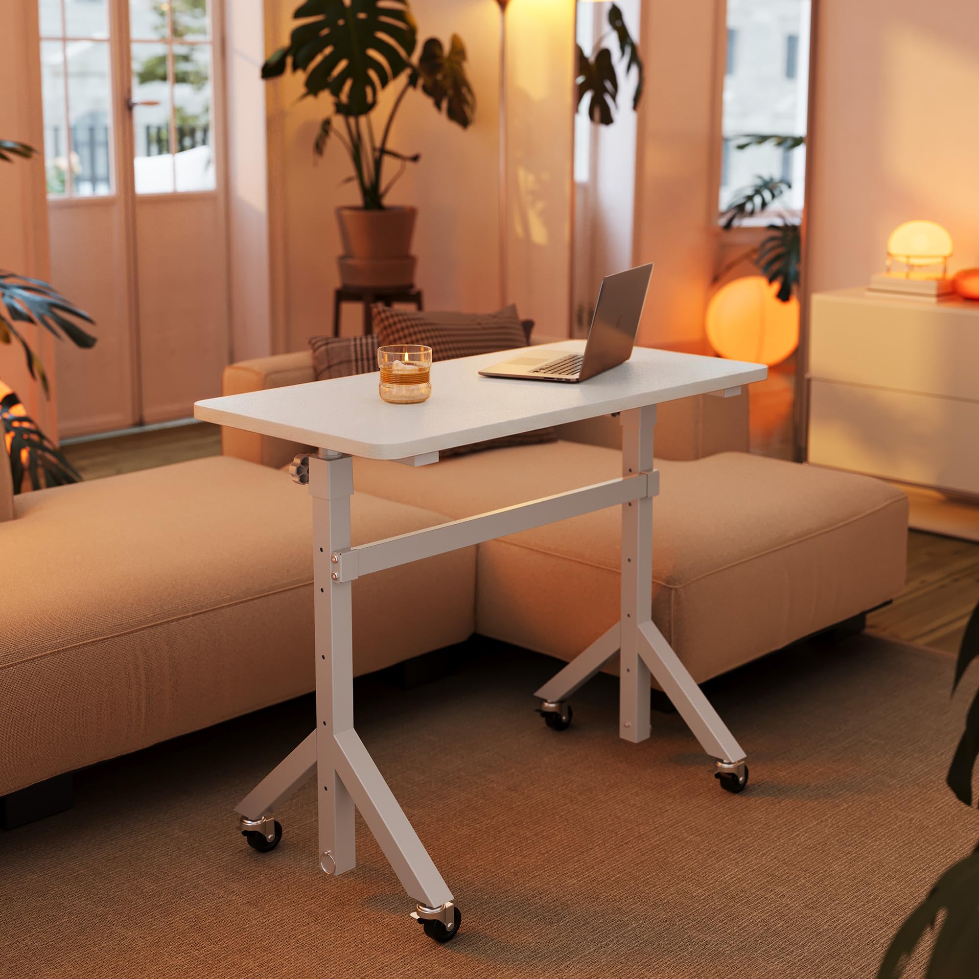 HUANUO Escritorio de pie Ajustable en Altura, 6 ajustes de Altura de hasta 118 cm, 80 x 40 cm, Escritorio pequeño móvil con diseño de Patas Triangulares, Movilidad Suave con Ruedas bloqueables, Mesa
